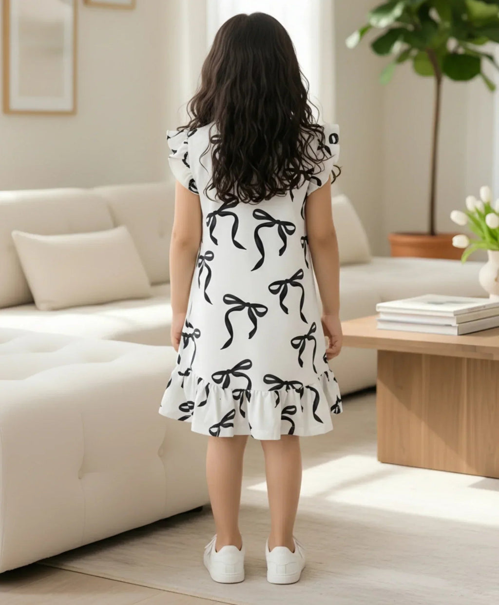 BLACK BOW FRILL SUMMER DRESS - OFF WHITE