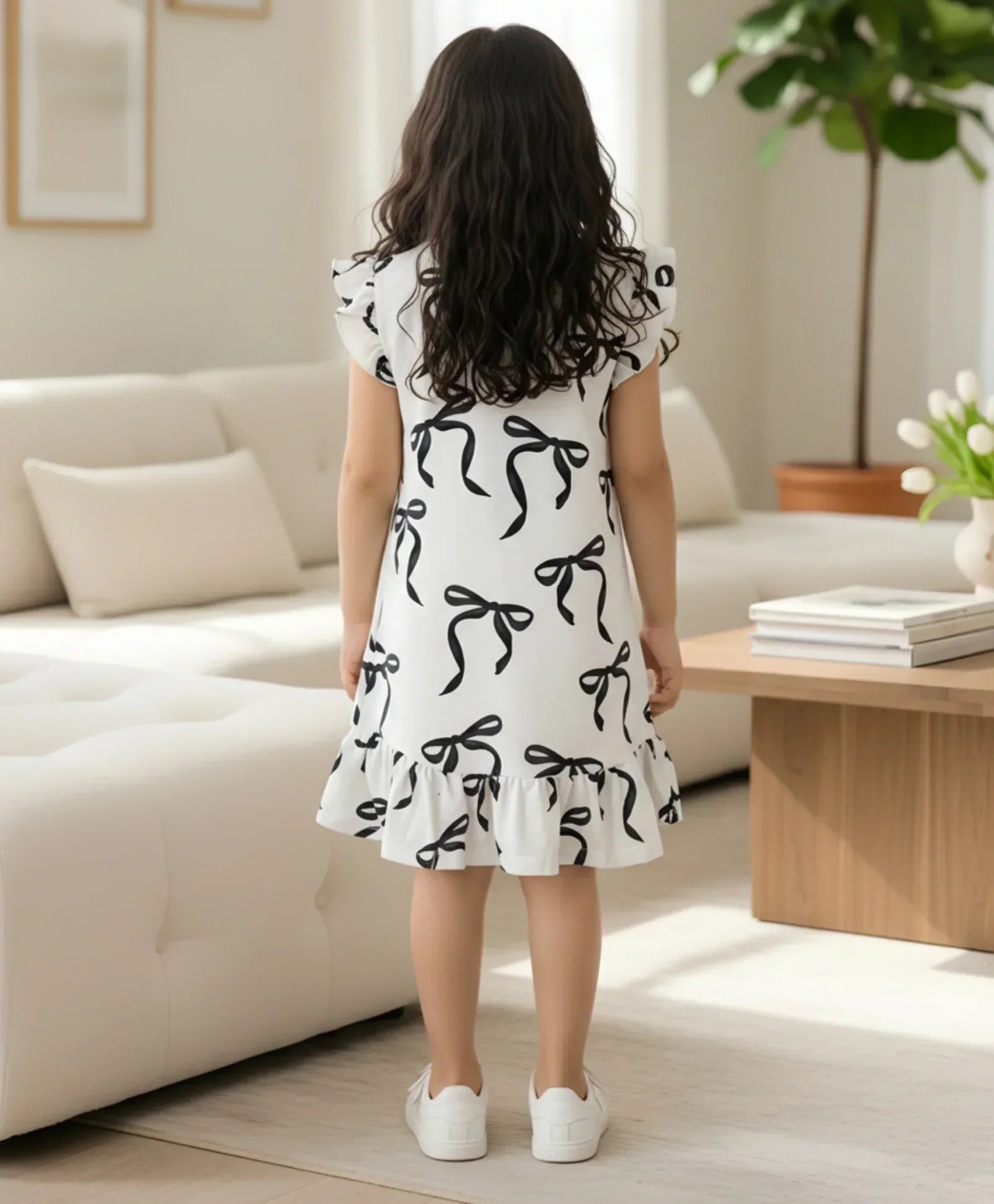 BLACK BOW FRILL SUMMER DRESS - OFF WHITE