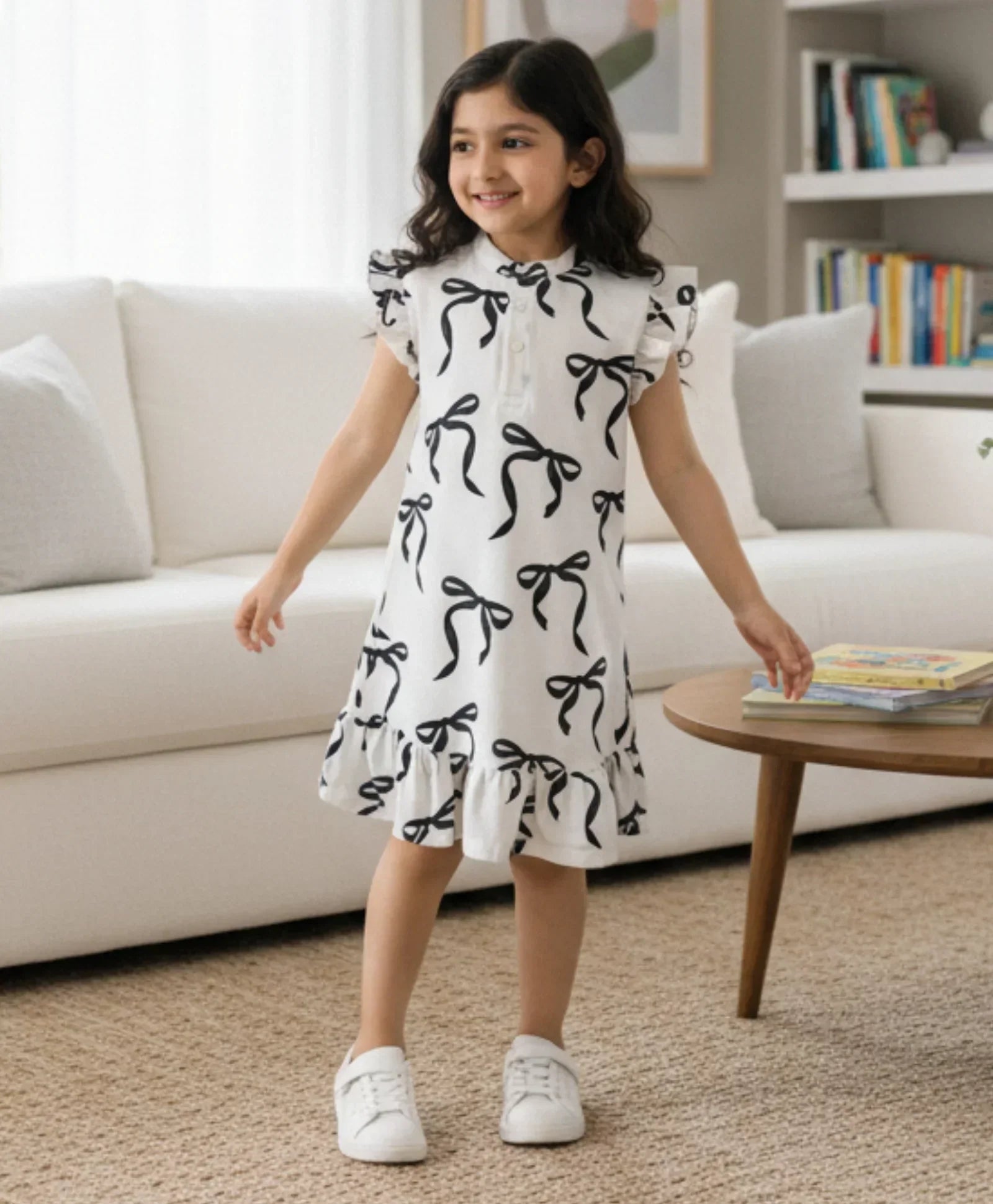 BLACK BOW FRILL SUMMER DRESS - OFF WHITE
