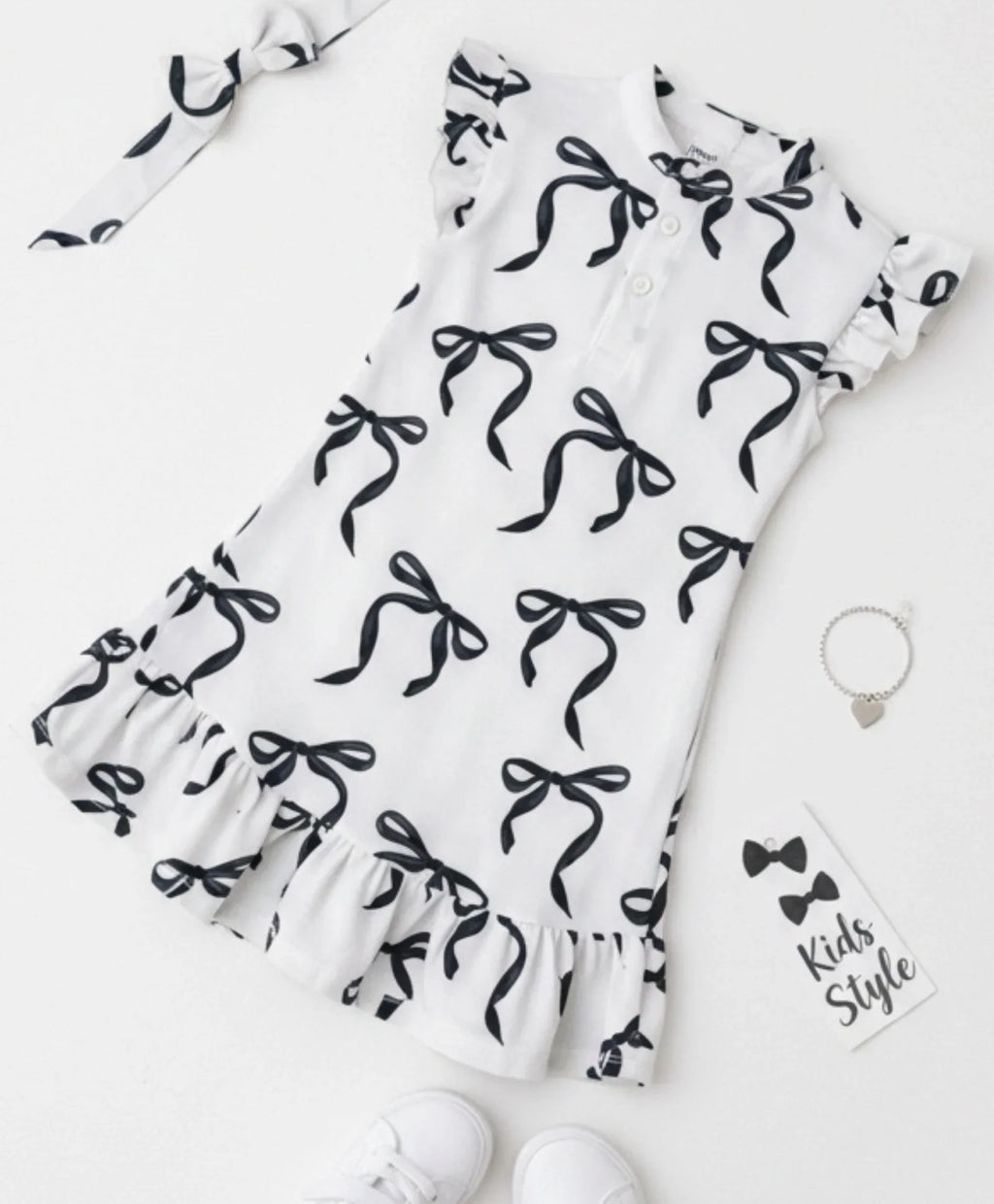BLACK BOW FRILL SUMMER DRESS - OFF WHITE