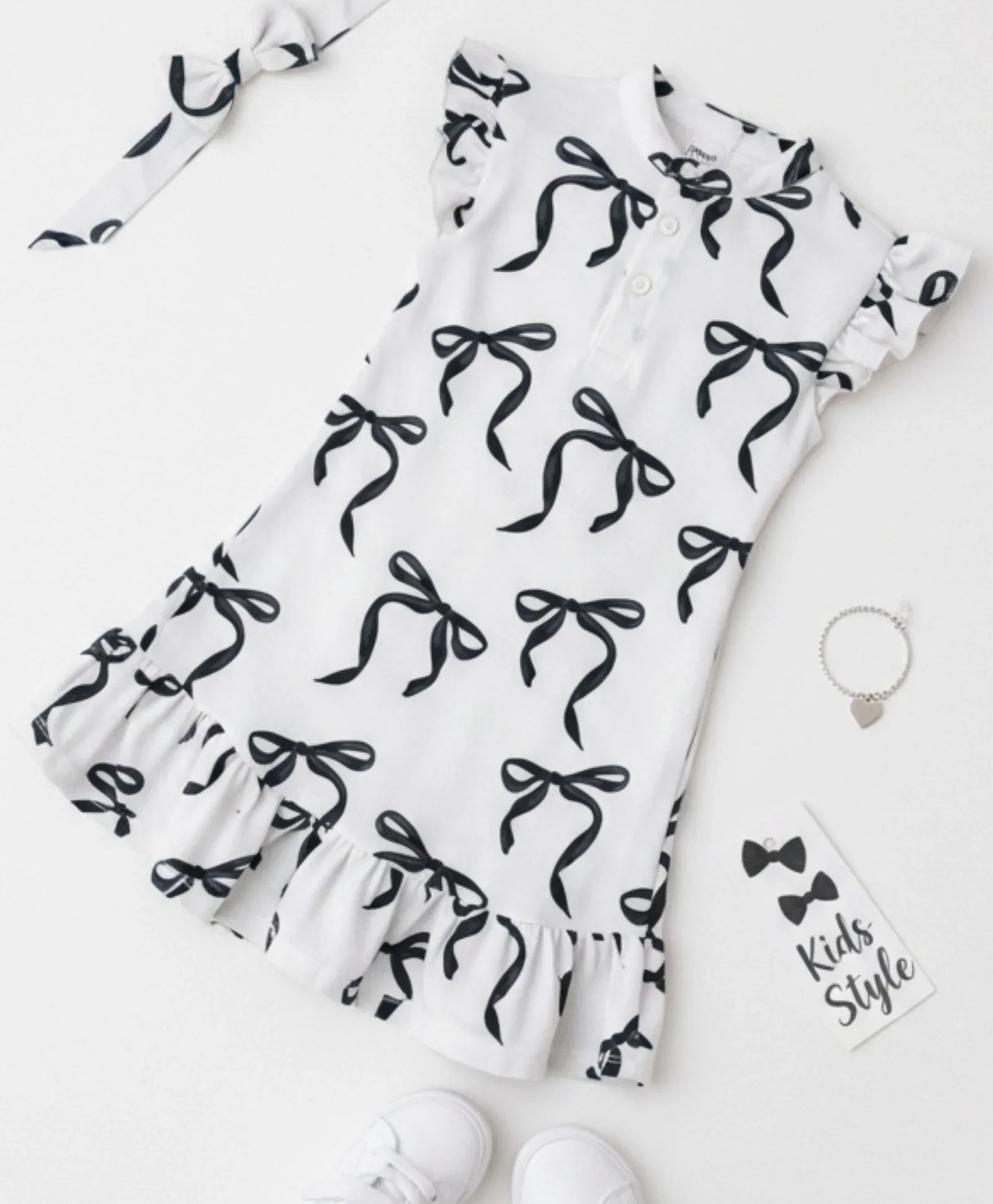 BLACK BOW FRILL SUMMER DRESS - OFF WHITE