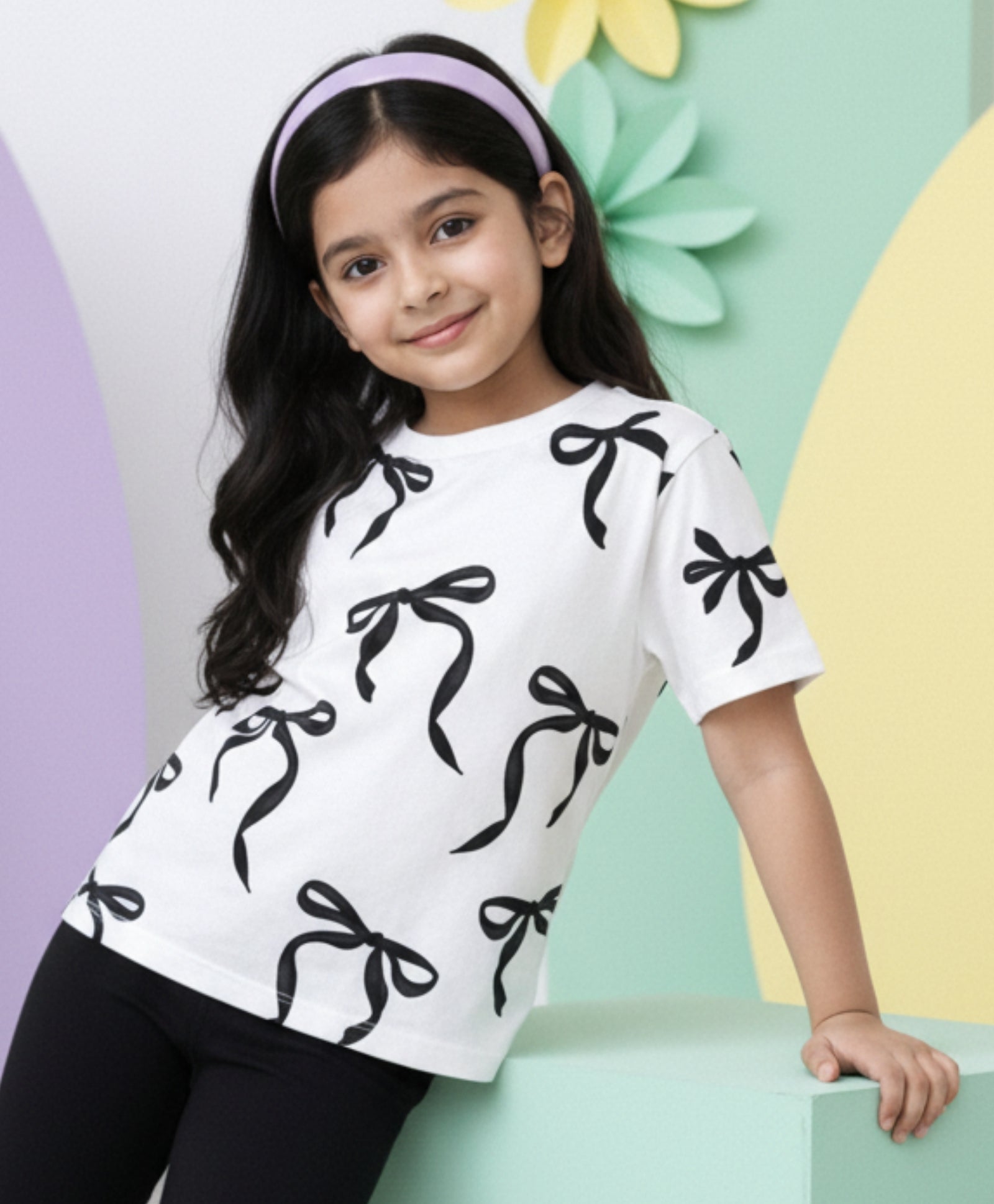 BLACK BOW SHORT SLEEVES SUMMER T-SHIRT - WHITE