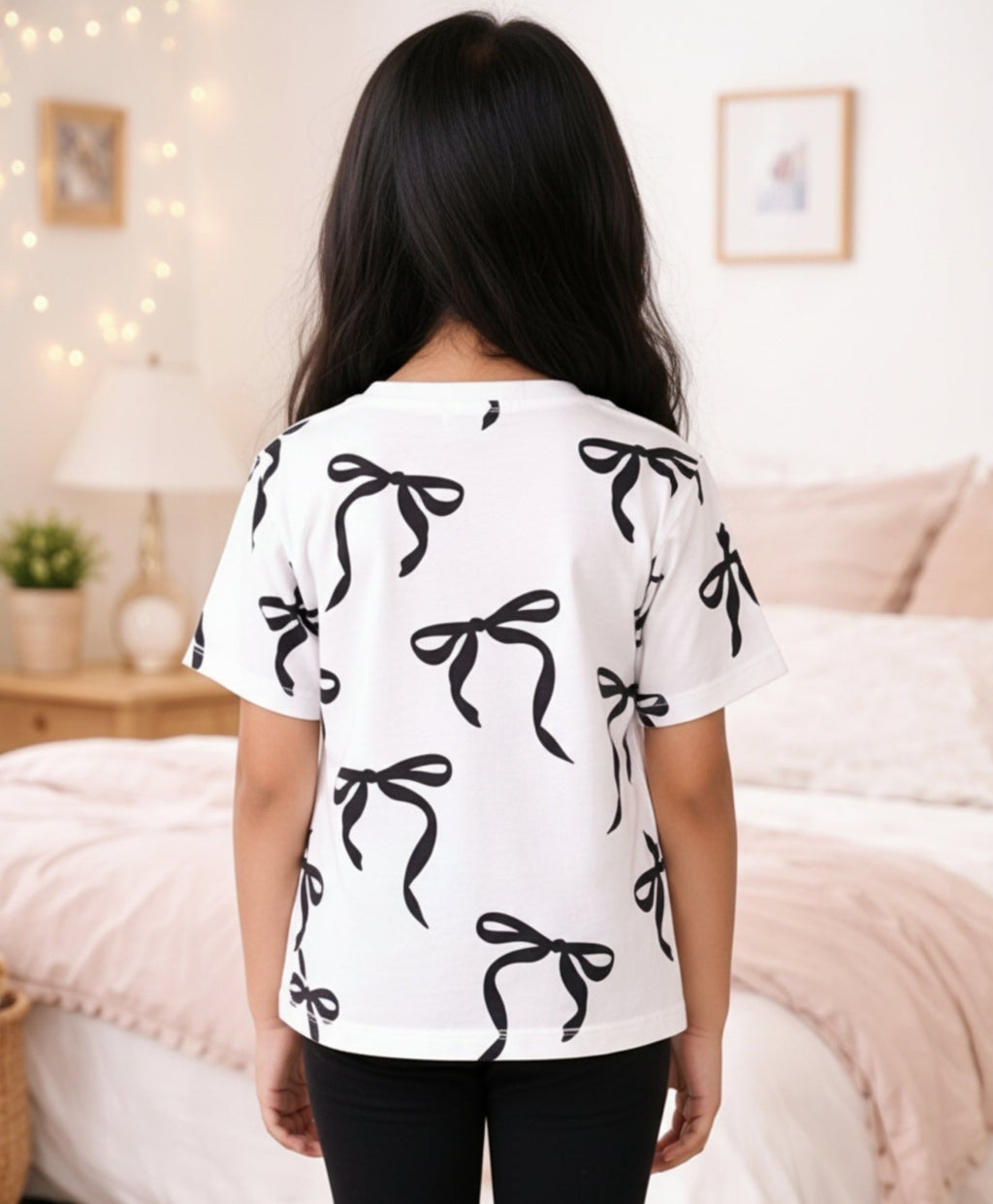 BLACK BOW SHORT SLEEVES SUMMER T-SHIRT - WHITE