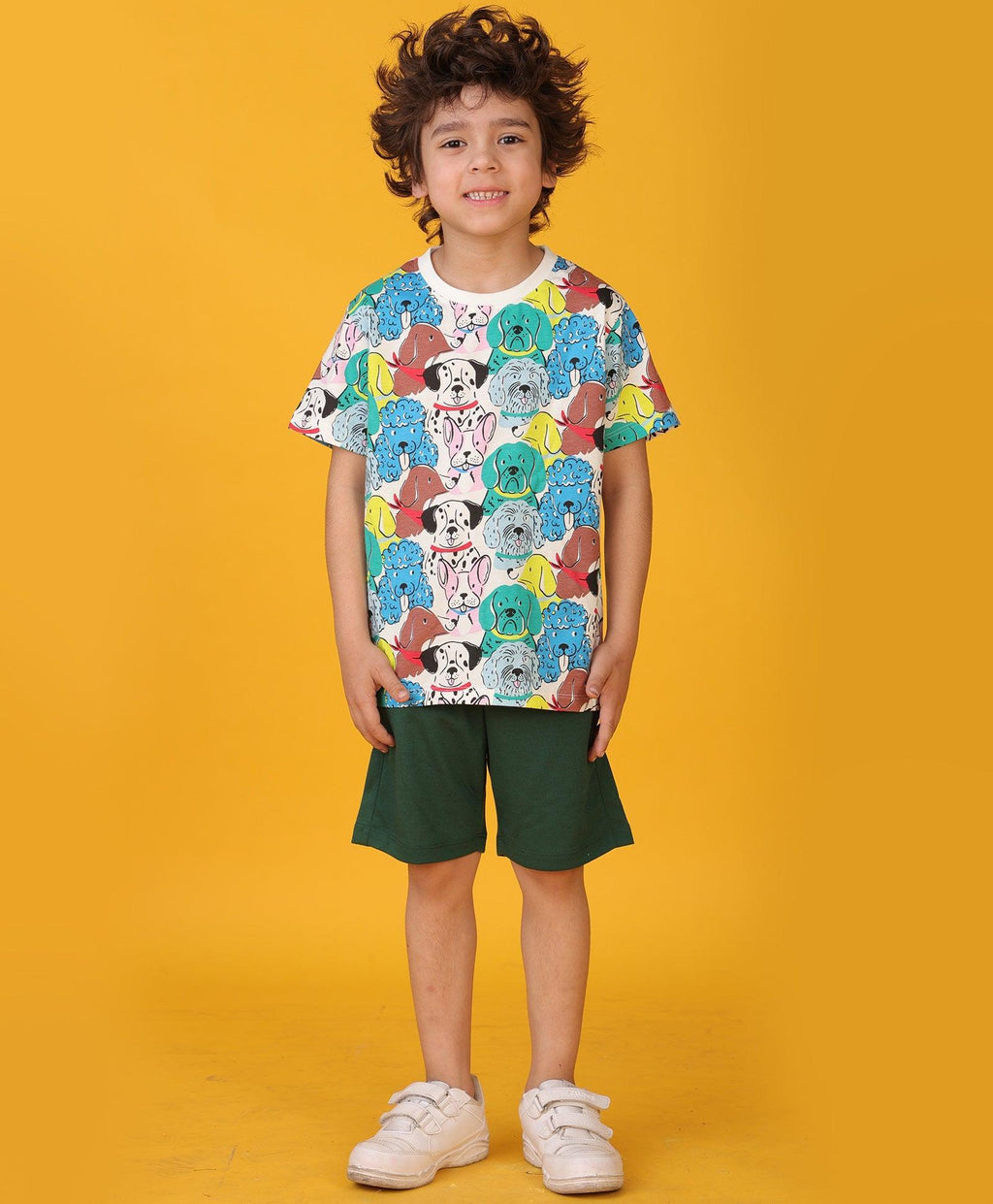 DOGS GREEN SUMMER BOYS SHORTS SET - WHITE /GREEN