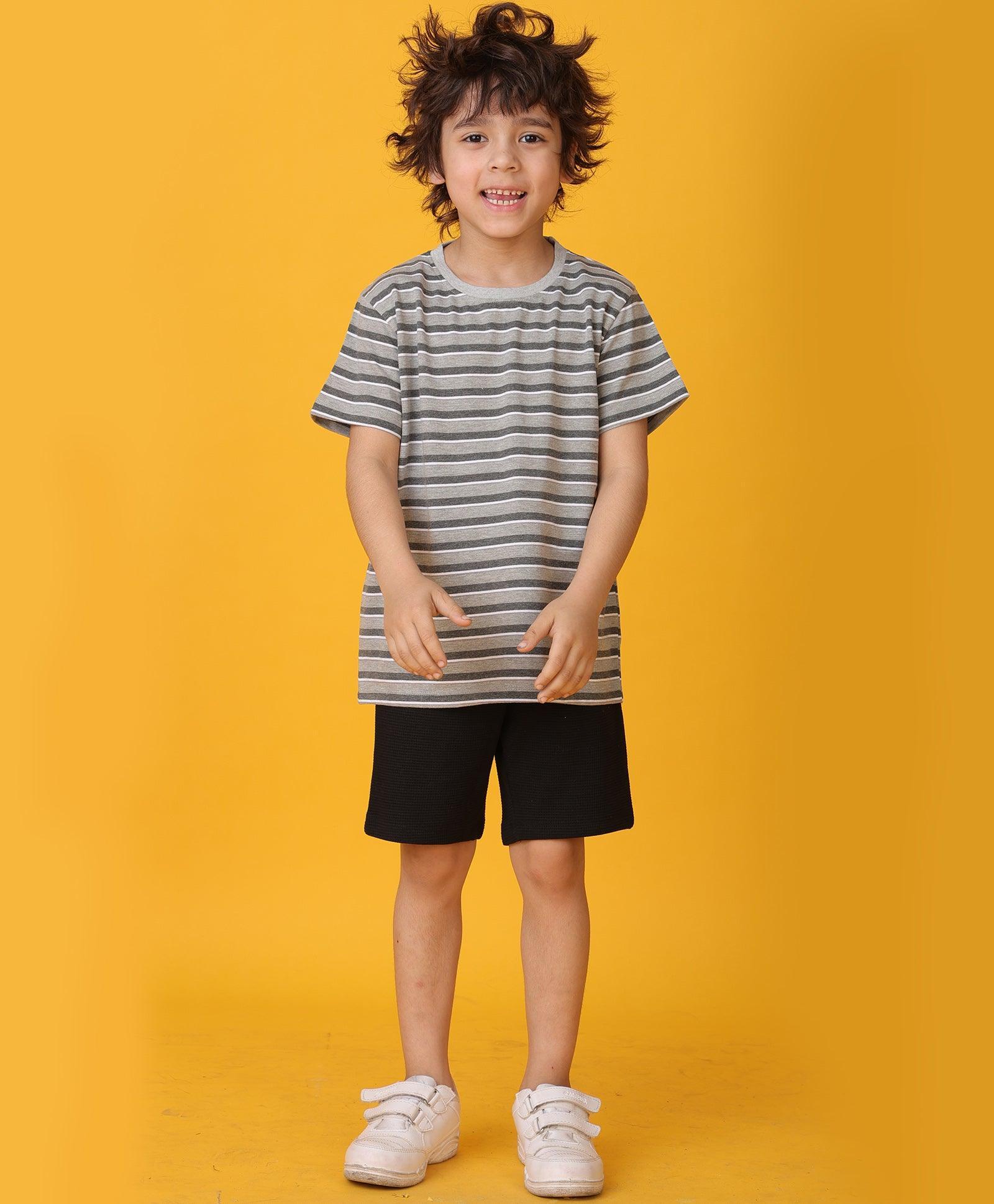 GREY MELANGE STRIPED BLACK SHORTS SET - GREY/BLACK