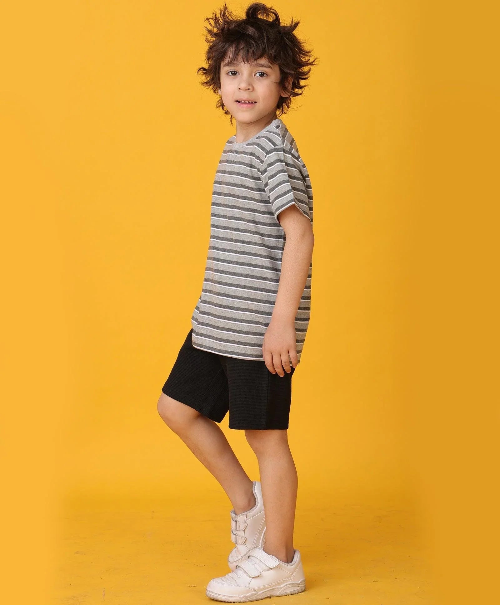GREY MELANGE STRIPED BLACK SHORTS SET - GREY/BLACK