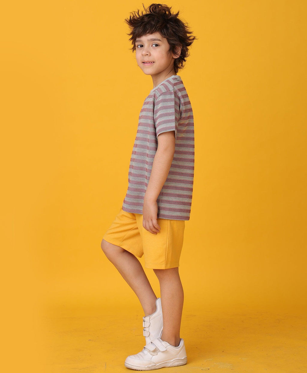 GREY RED STRIPED MUSTARD YELLOW SHORTS SET - GREY/MUSTARD