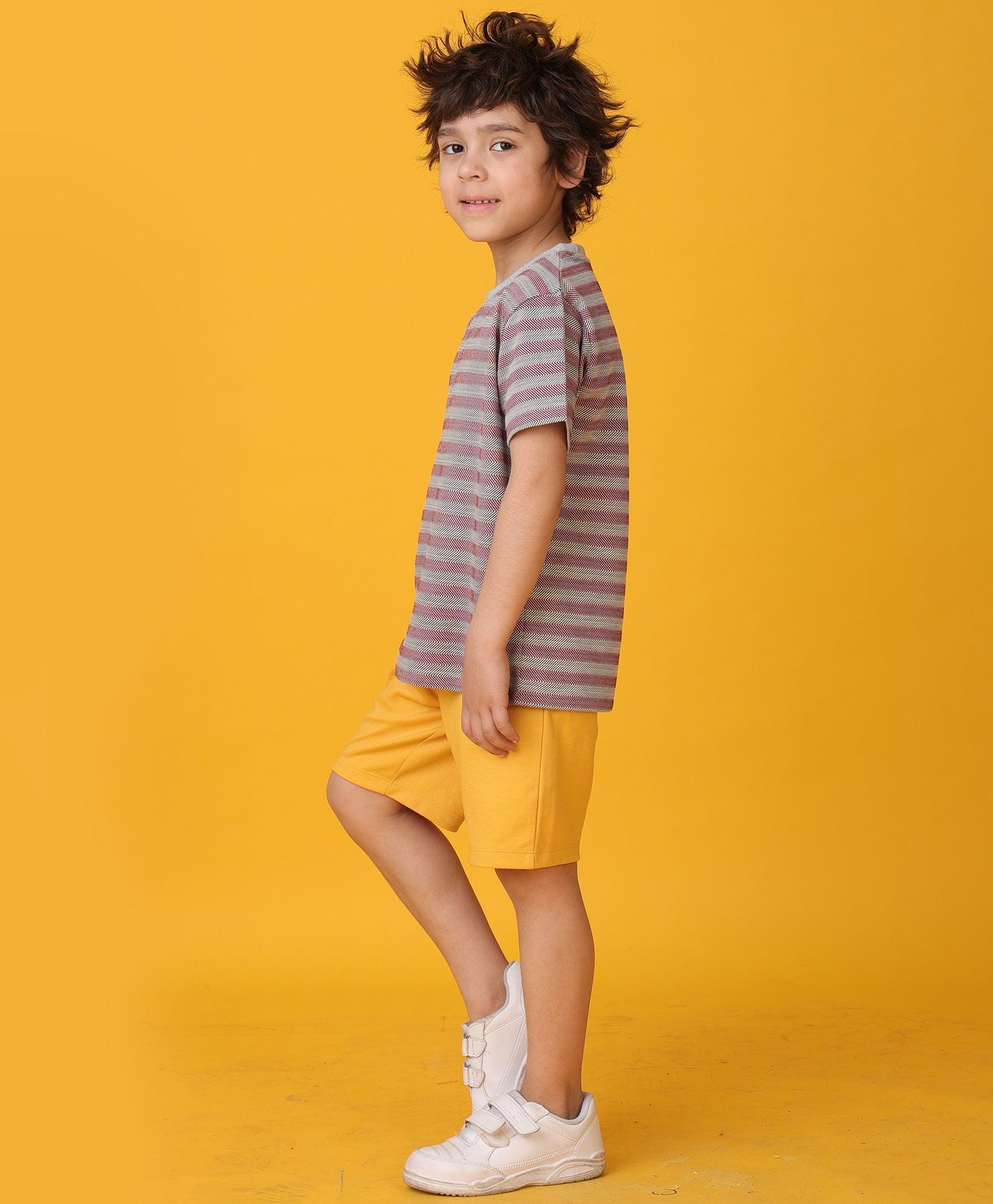 GREY RED STRIPED MUSTARD YELLOW SHORTS SET - GREY/MUSTARD