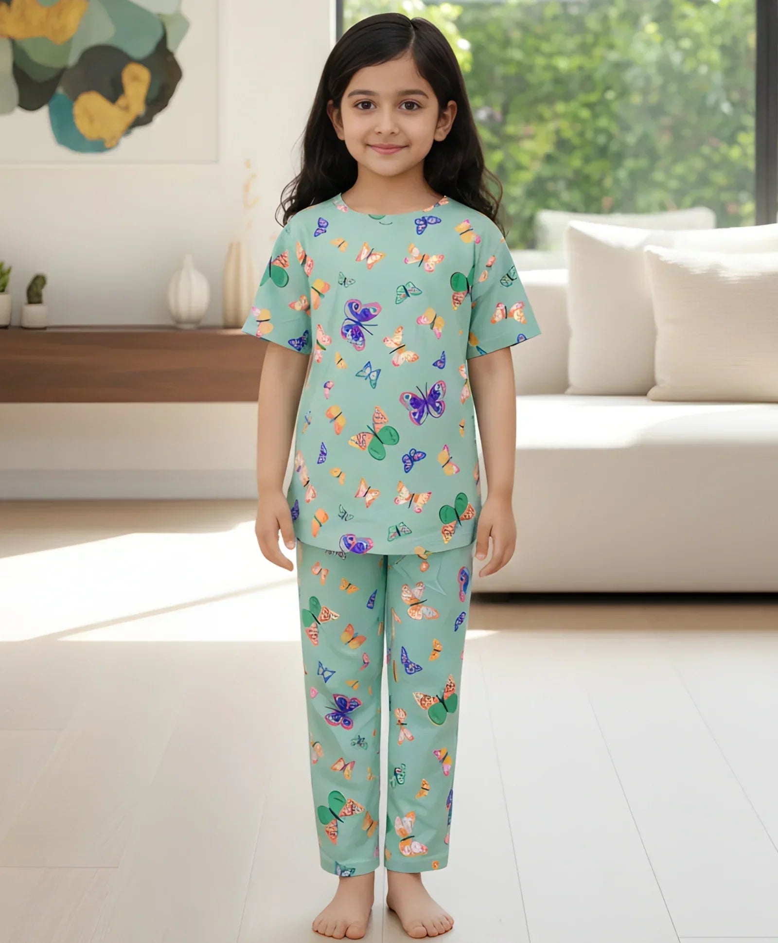 BUTTERFLY GREEN SHORT SLEEVE PYJAMA SET - GREEN