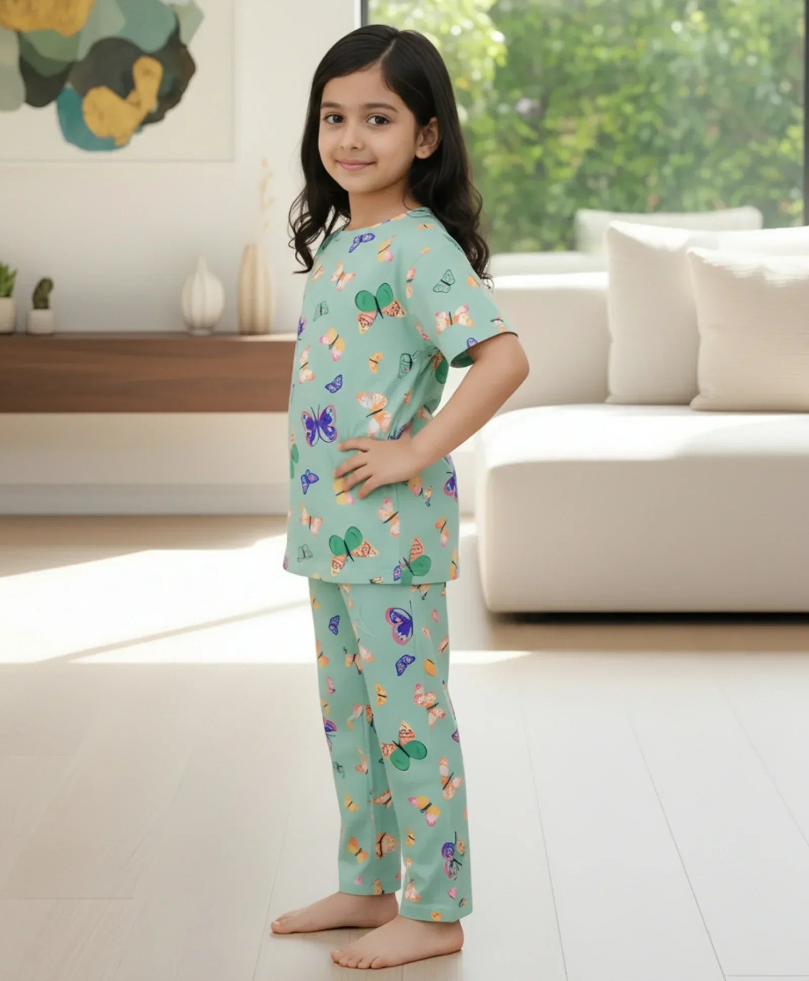 BUTTERFLY GREEN SHORT SLEEVE PYJAMA SET - GREEN