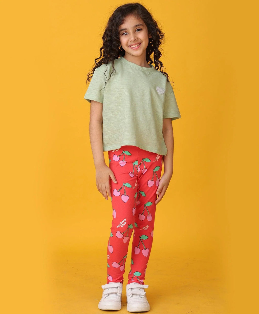 GREEN JACQUARD SUMMER CHERRY LEGGINGS SET - OLIVE/RED
