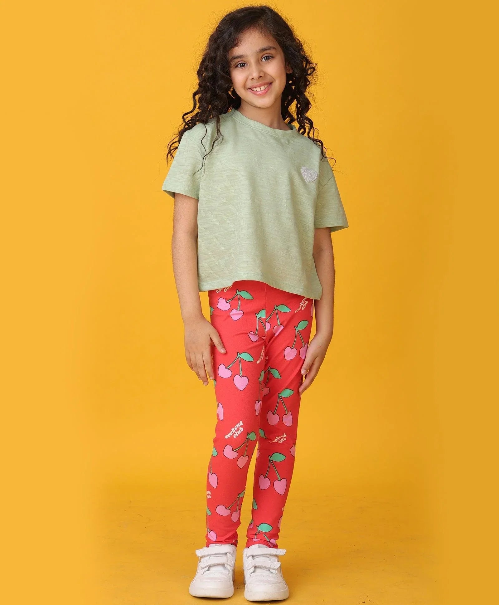 GREEN JACQUARD SUMMER CHERRY LEGGINGS SET - OLIVE/RED