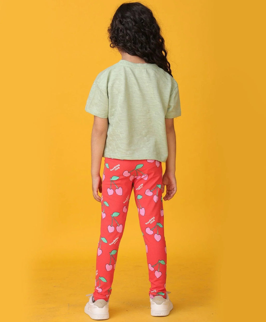 GREEN JACQUARD SUMMER CHERRY LEGGINGS SET - OLIVE/RED