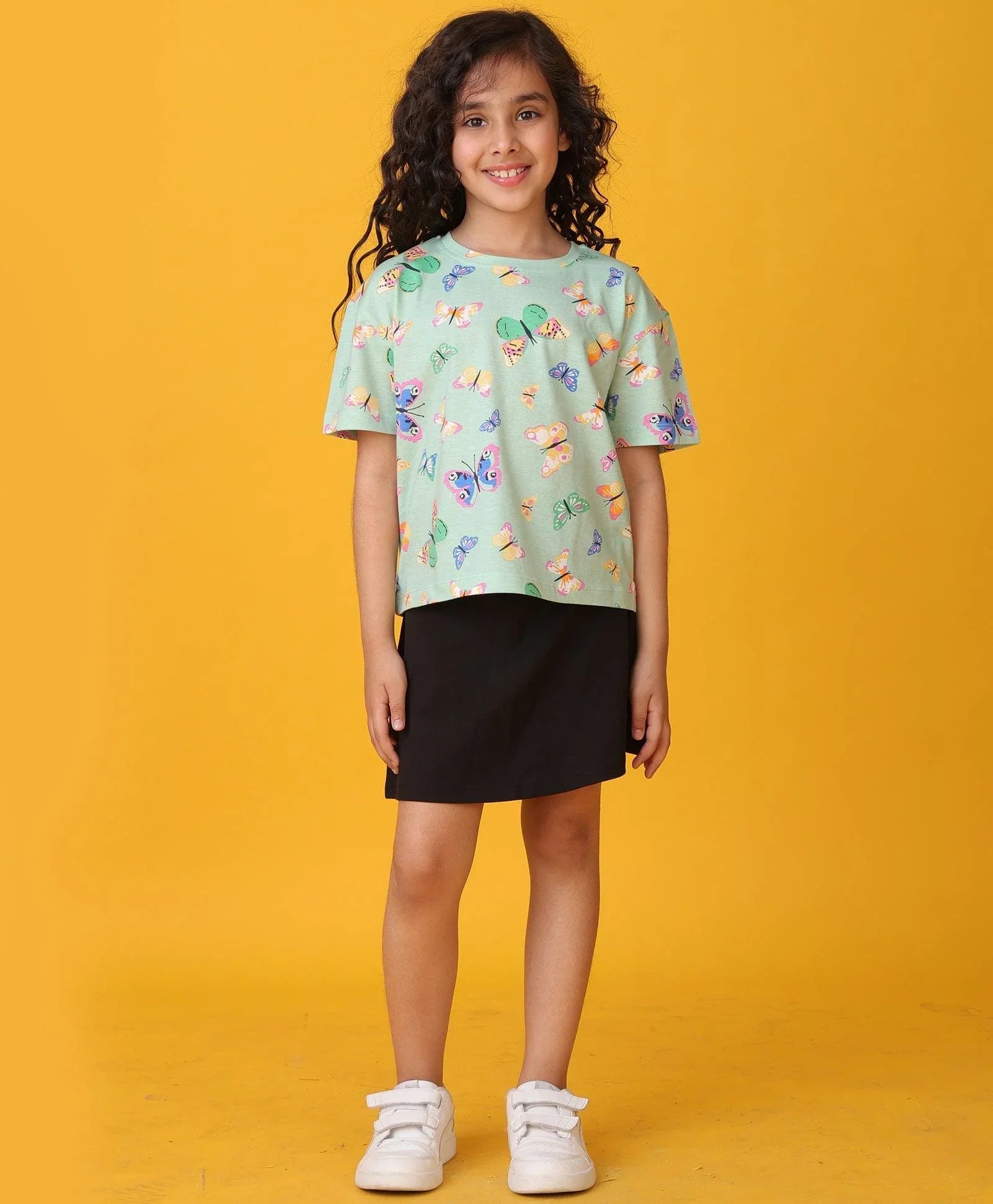 BUTTERFLY SUMMER BLACK SKIRT SET - GREEN/BLACK