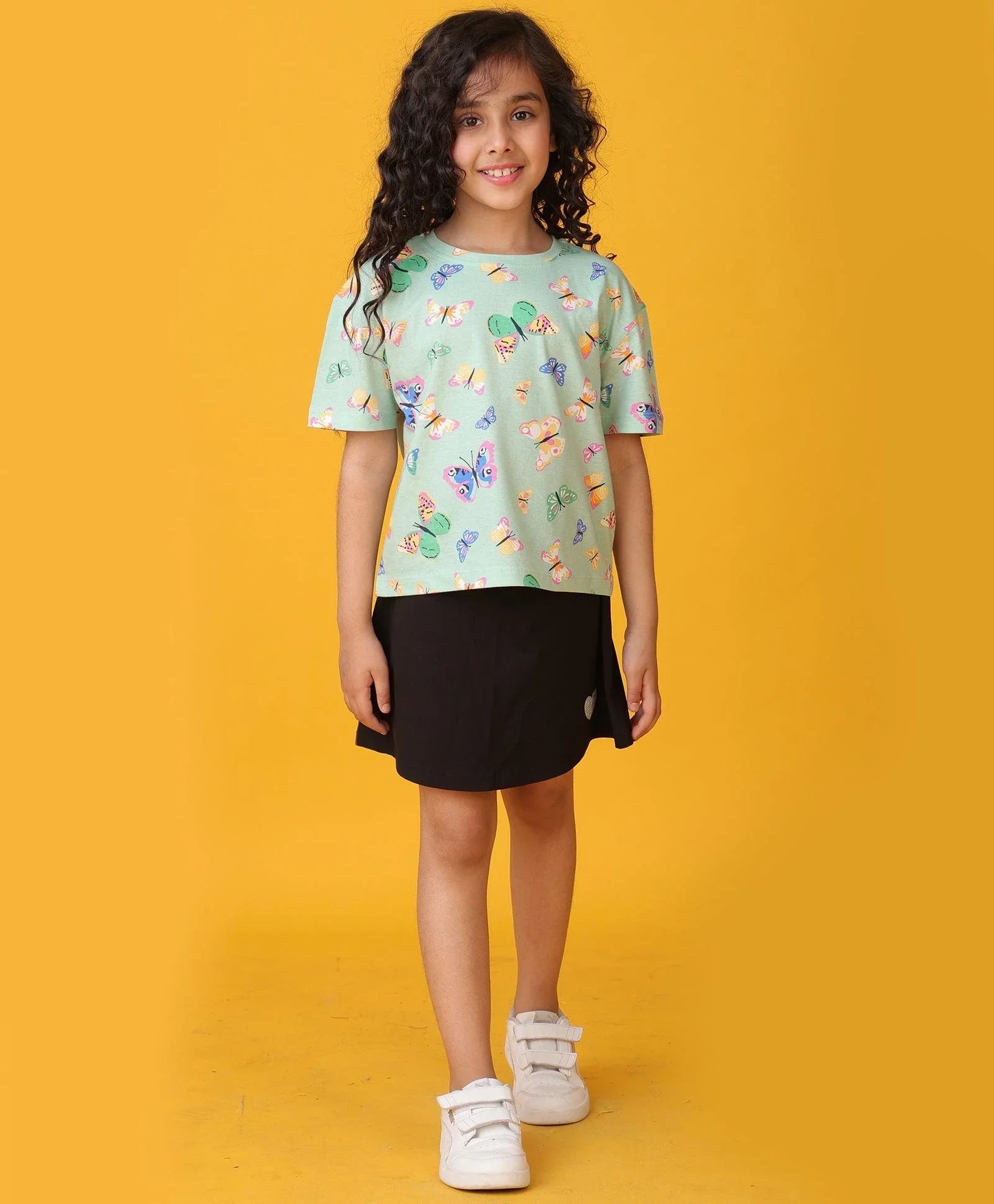 BUTTERFLY SUMMER BLACK SKIRT SET - GREEN/BLACK