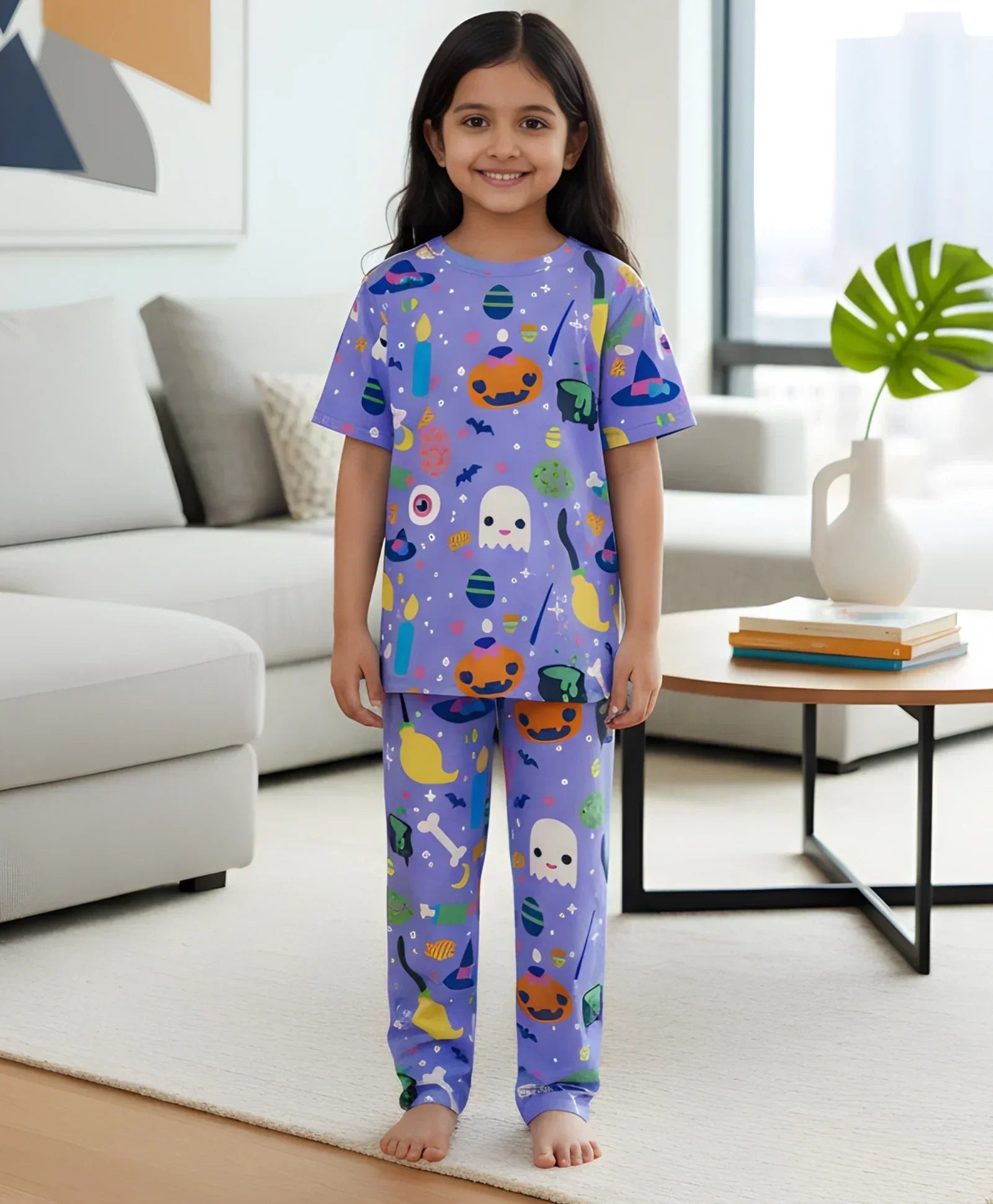 HALLOWEEN GIRLS SHORT SLEEVE PYJAMA SET - PURPLE