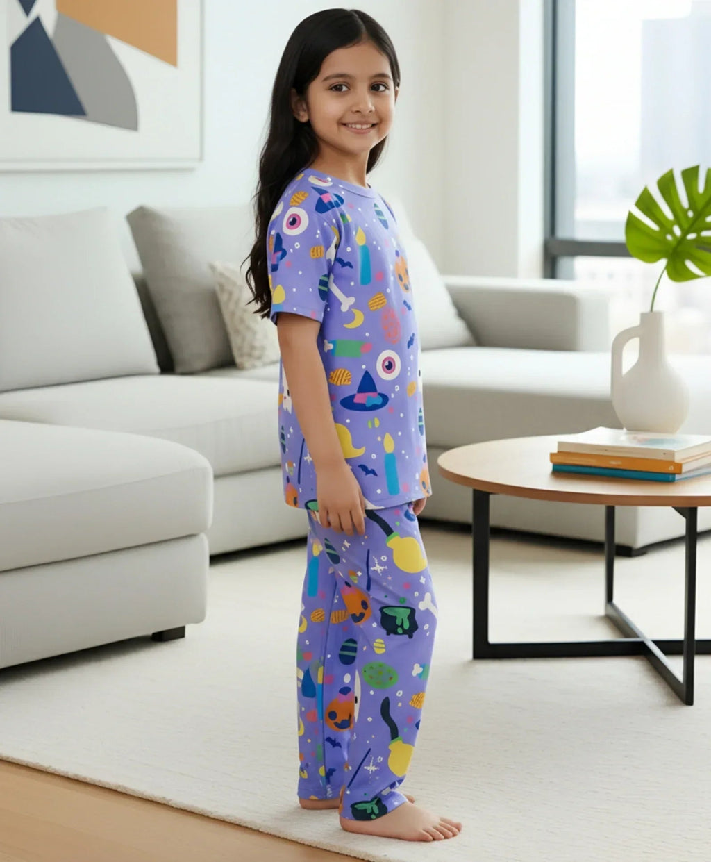 HALLOWEEN GIRLS SHORT SLEEVE PYJAMA SET - PURPLE
