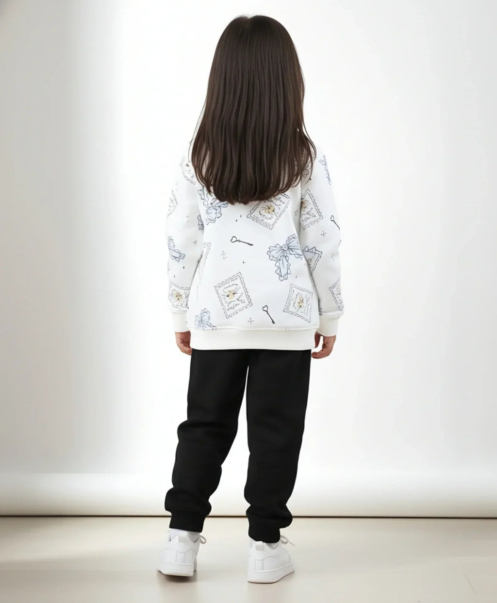 BOW KEY CAT GIRLS FLEECE BLACK SWEATSHIRT JOGGER SET - WHITE/BLACK