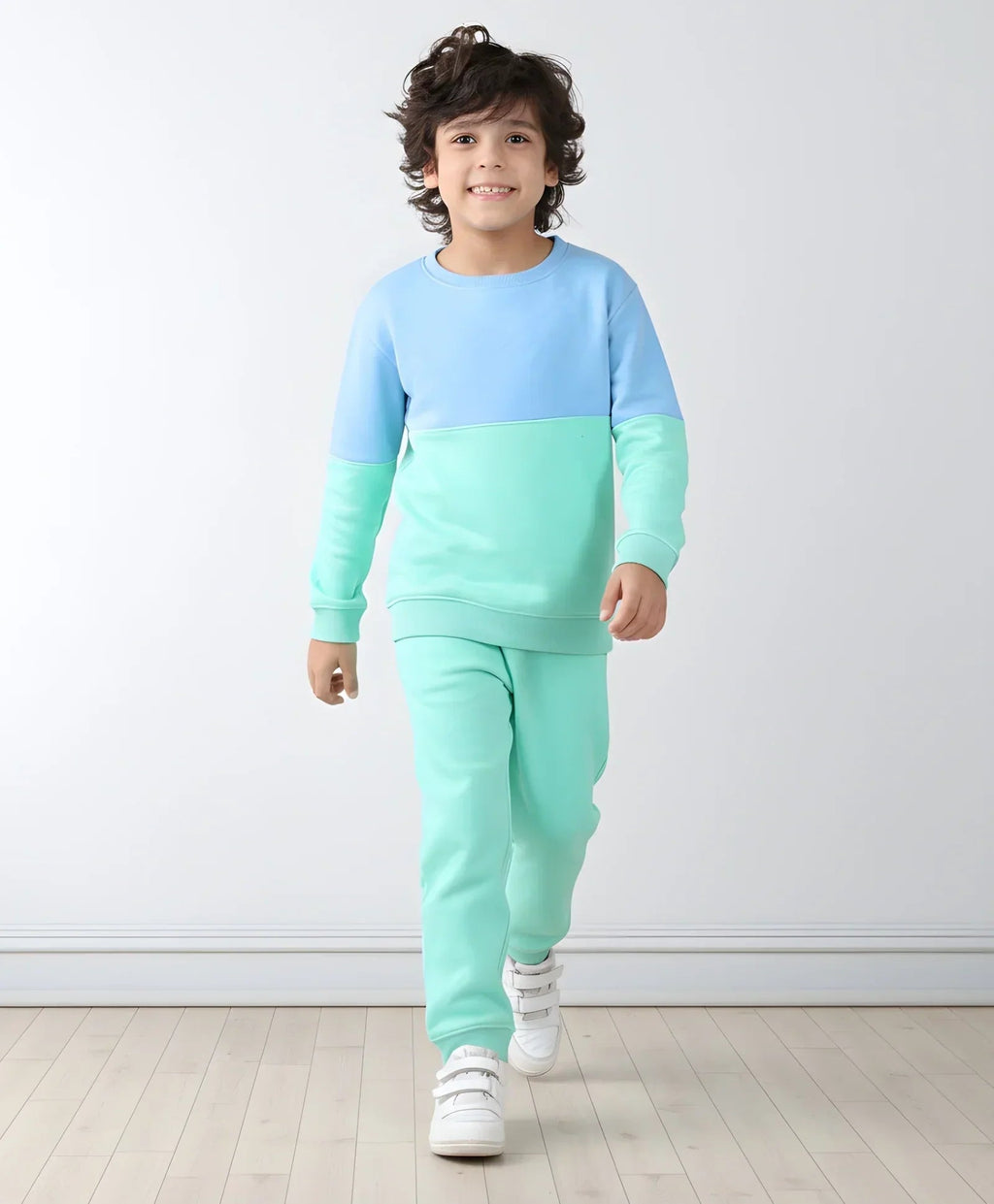 BLUE GREEN COLOR BLOCK FLEECE SWEATSHIRT JOGGER SET - BLUE/GREEN