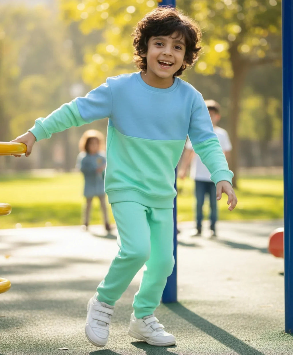 BLUE GREEN COLOR BLOCK FLEECE SWEATSHIRT JOGGER SET - BLUE/GREEN