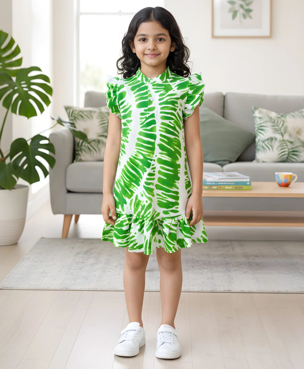 GREEN SWIRL FRILL PARTY DRESS- OFF WHITE