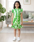 GREEN SWIRL FRILL PARTY DRESS- OFF WHITE
