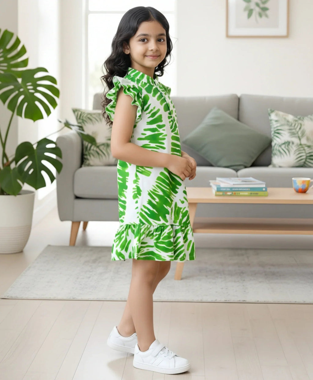 GREEN SWIRL FRILL PARTY DRESS- OFF WHITE