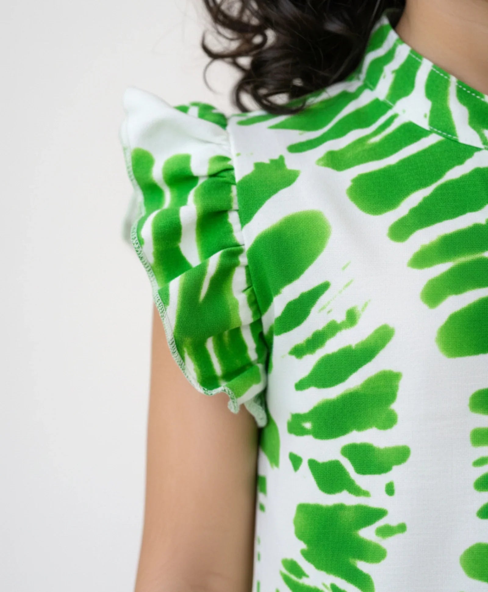 GREEN SWIRL FRILL PARTY DRESS- OFF WHITE