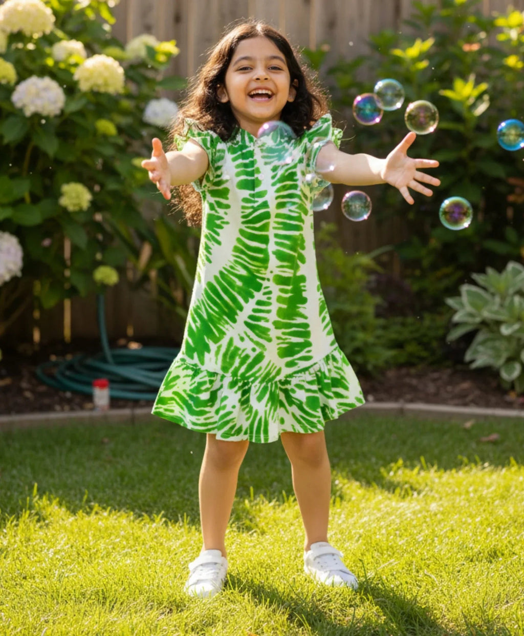 GREEN SWIRL FRILL PARTY DRESS- OFF WHITE