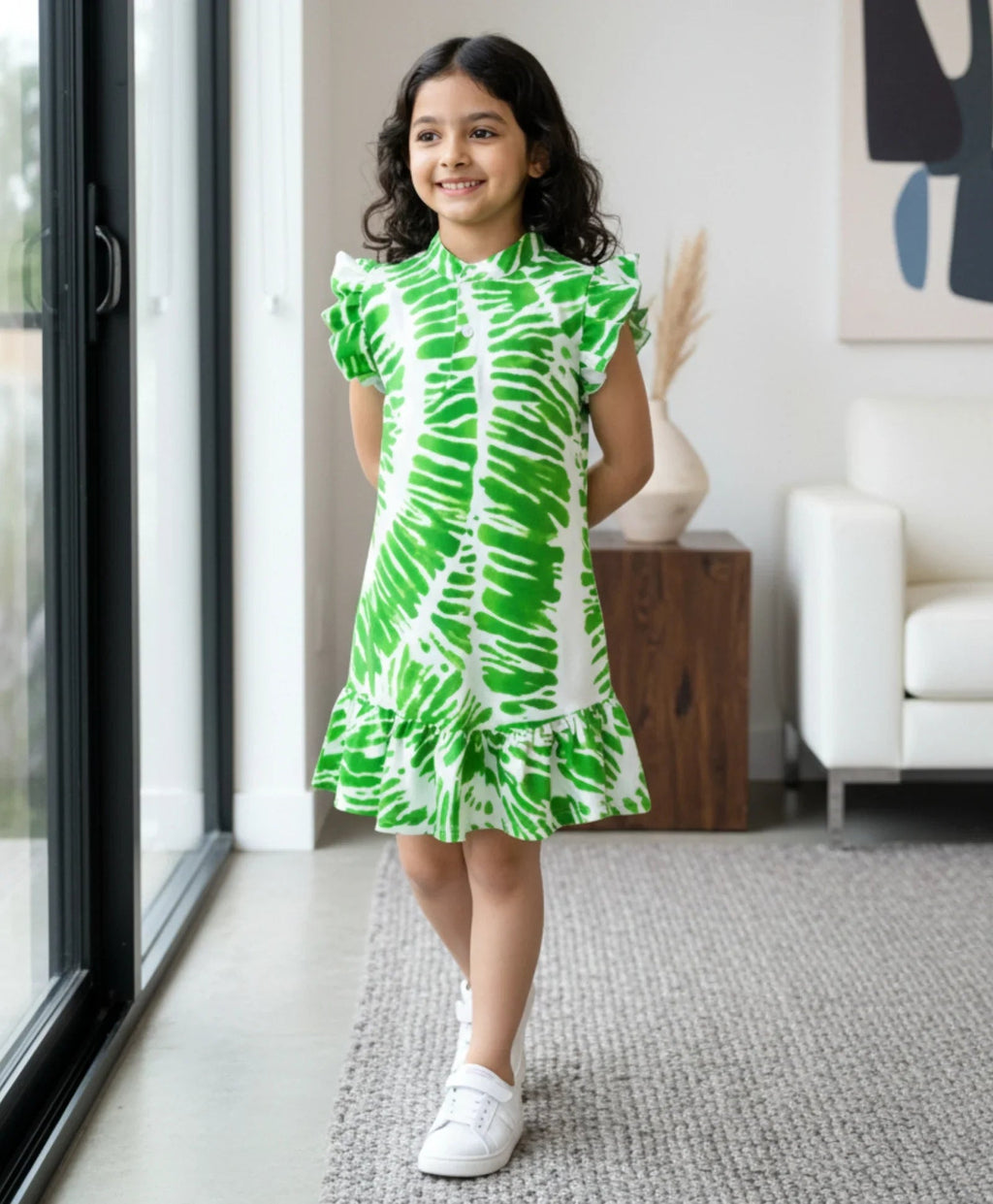 GREEN SWIRL FRILL PARTY DRESS- OFF WHITE