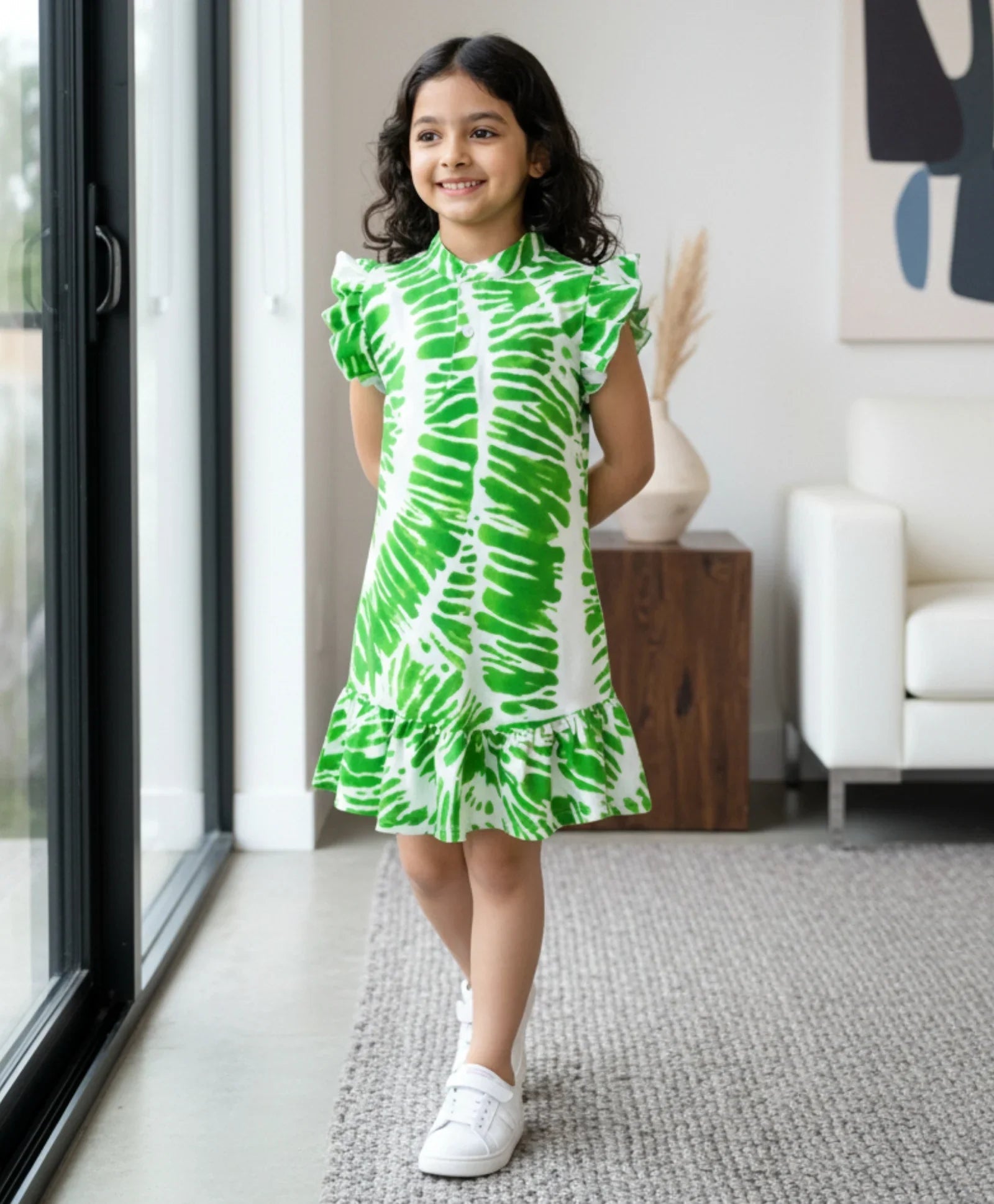GREEN SWIRL FRILL PARTY DRESS- OFF WHITE