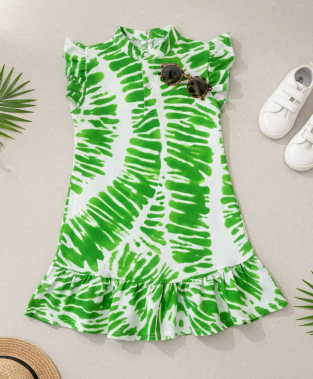 GREEN SWIRL FRILL PARTY DRESS- OFF WHITE
