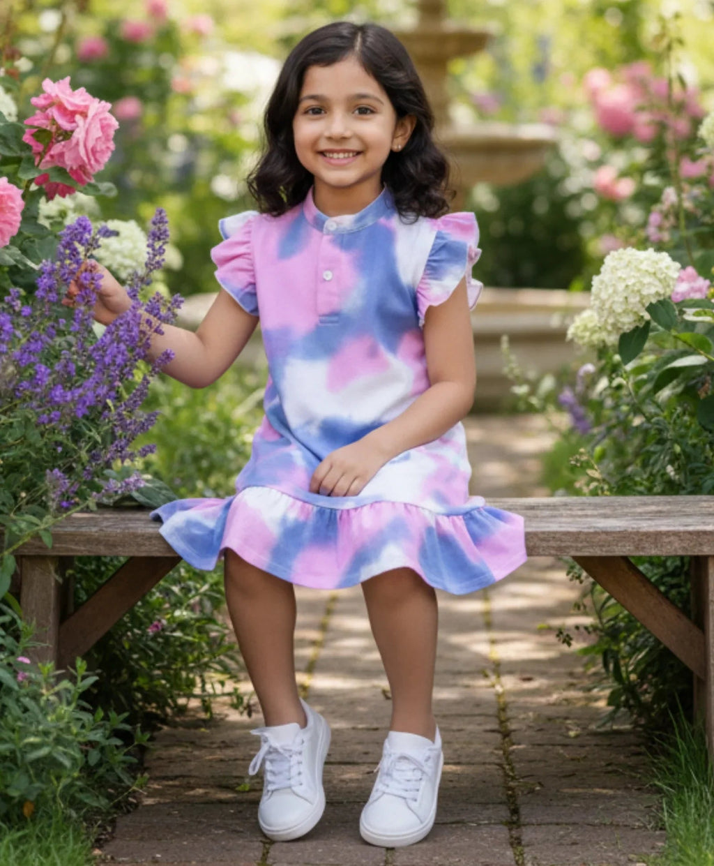 BLUE PINK TIE DYE FRILL PARTY DRESS- PINK