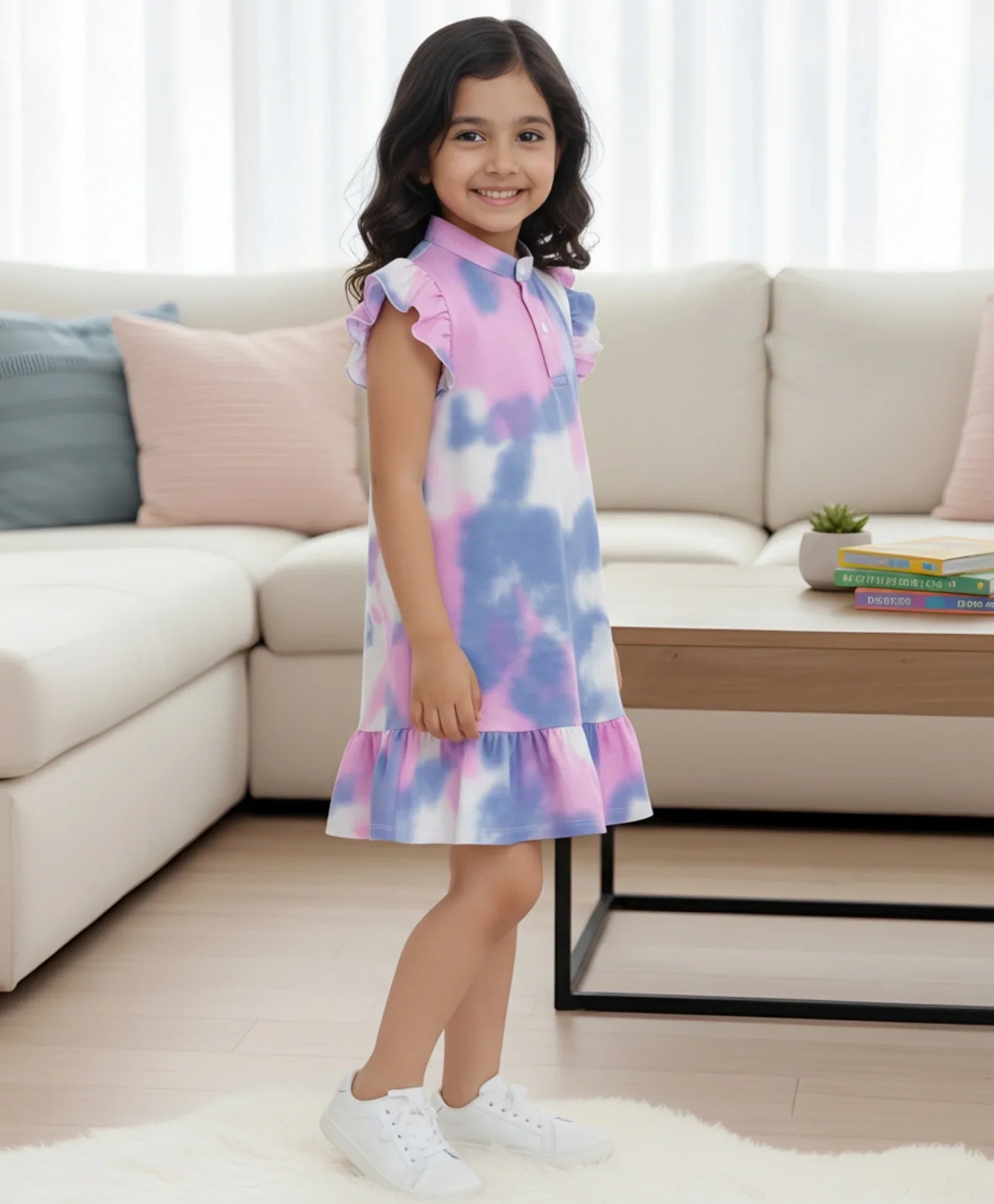 BLUE PINK TIE DYE FRILL PARTY DRESS- PINK