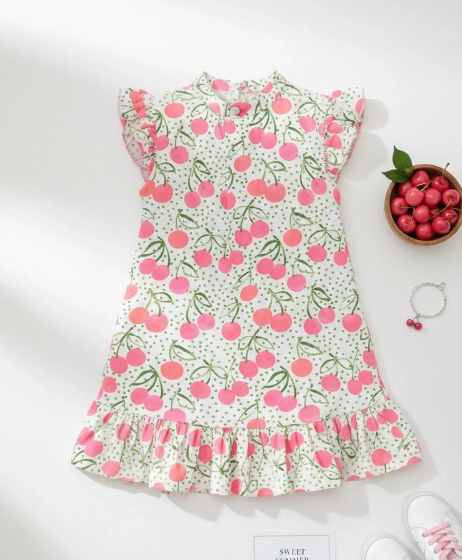 DOTTED CHERRY FRILL PARTY DRESS - OFF WHITE