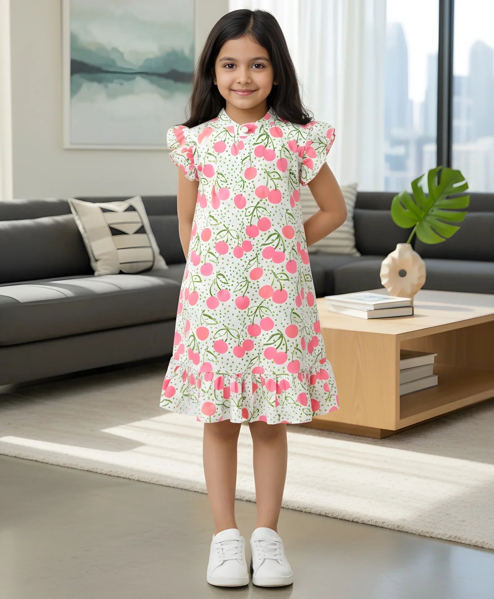 DOTTED CHERRY FRILL PARTY DRESS - OFF WHITE