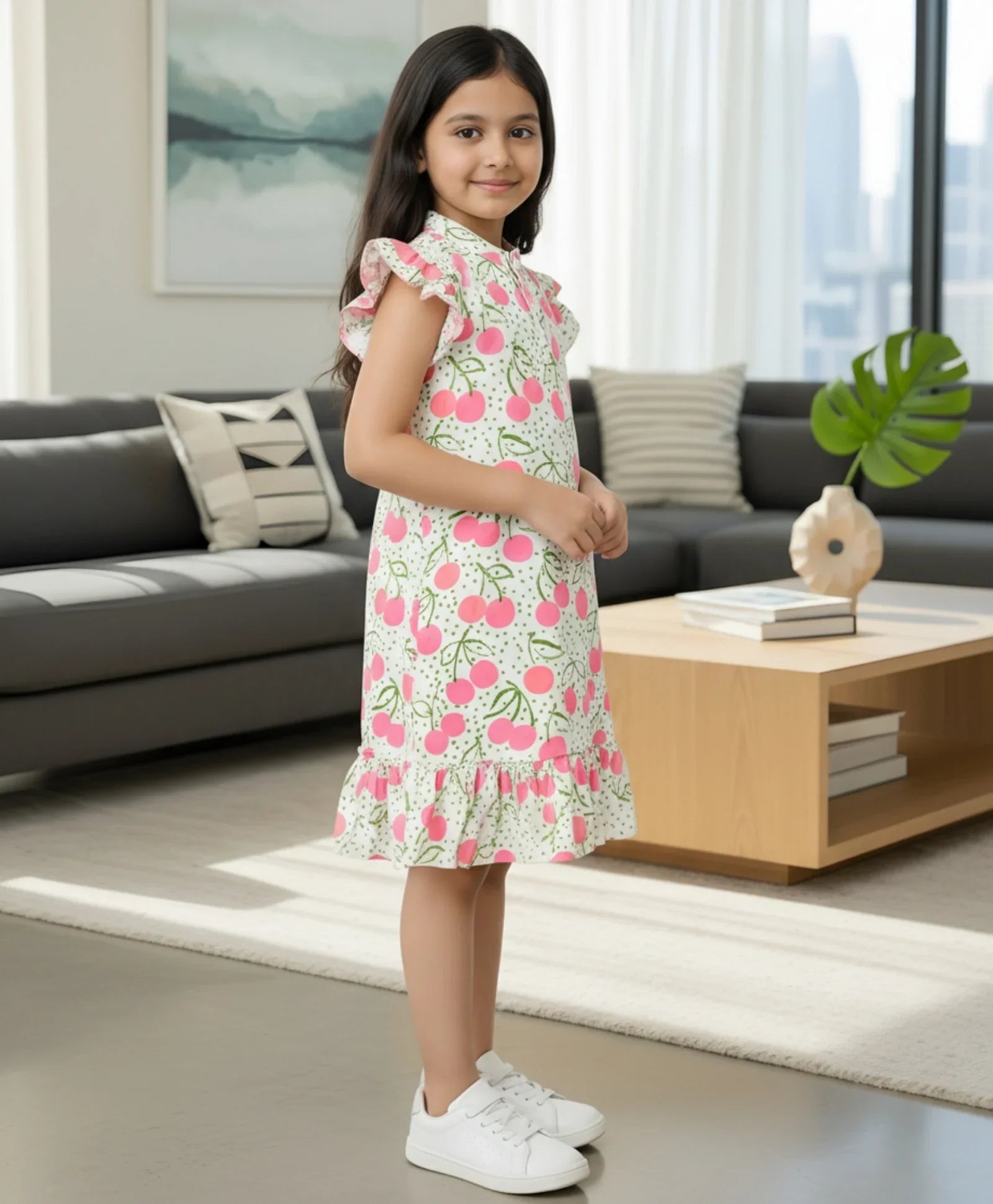 DOTTED CHERRY FRILL PARTY DRESS - OFF WHITE