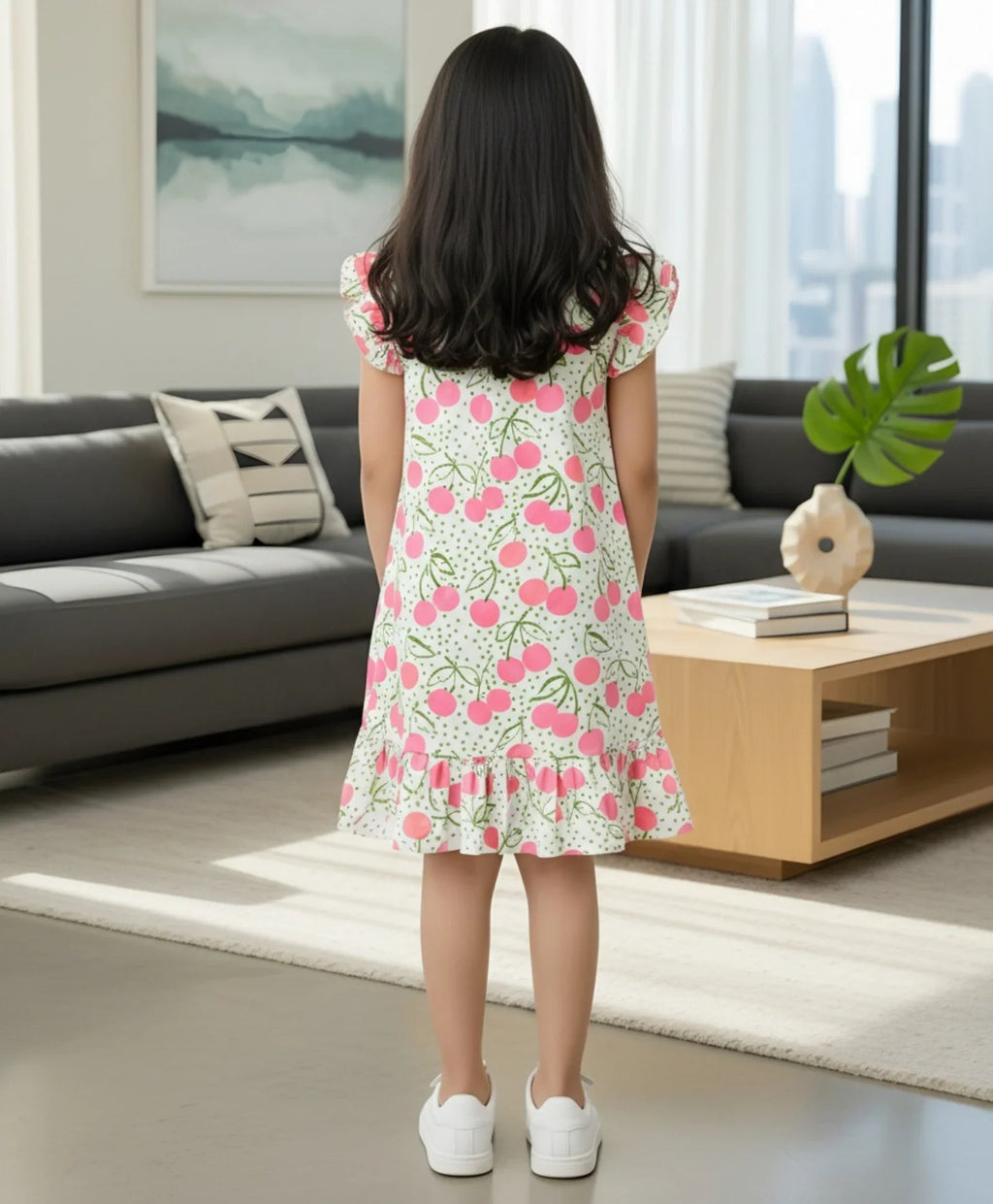 DOTTED CHERRY FRILL PARTY DRESS - OFF WHITE
