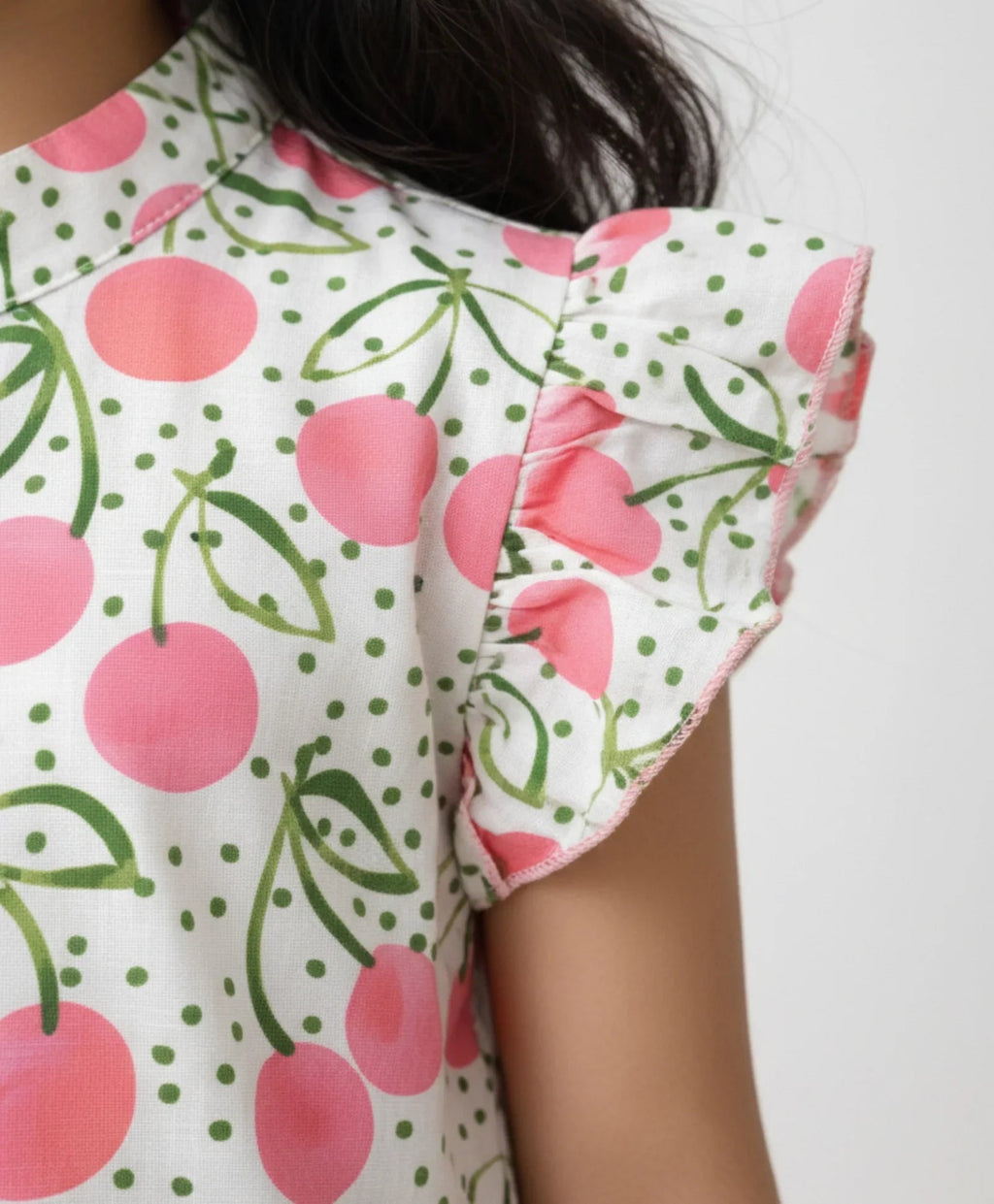 DOTTED CHERRY FRILL PARTY DRESS - OFF WHITE