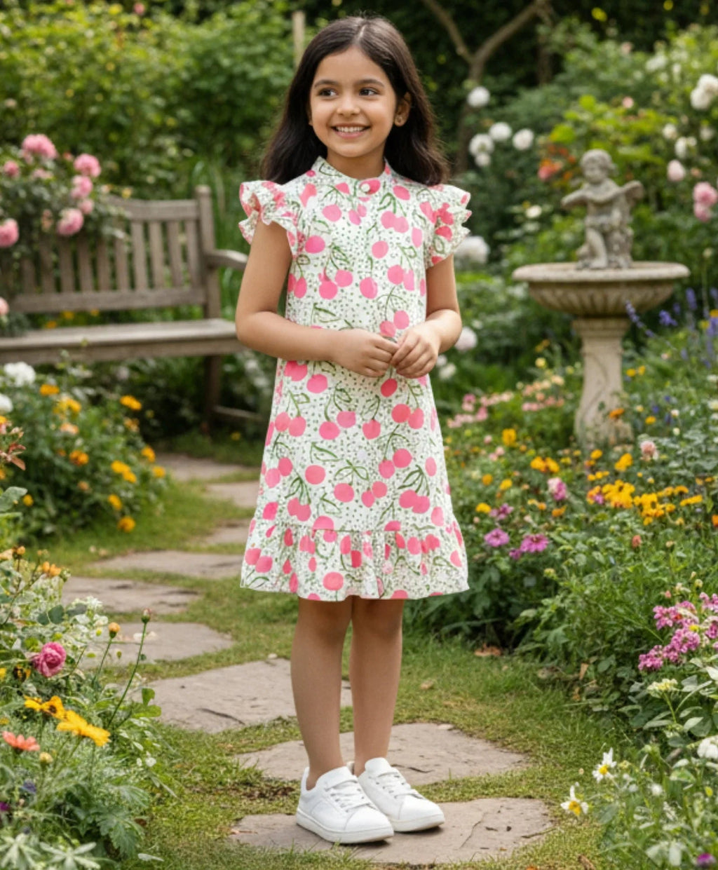 DOTTED CHERRY FRILL PARTY DRESS - OFF WHITE