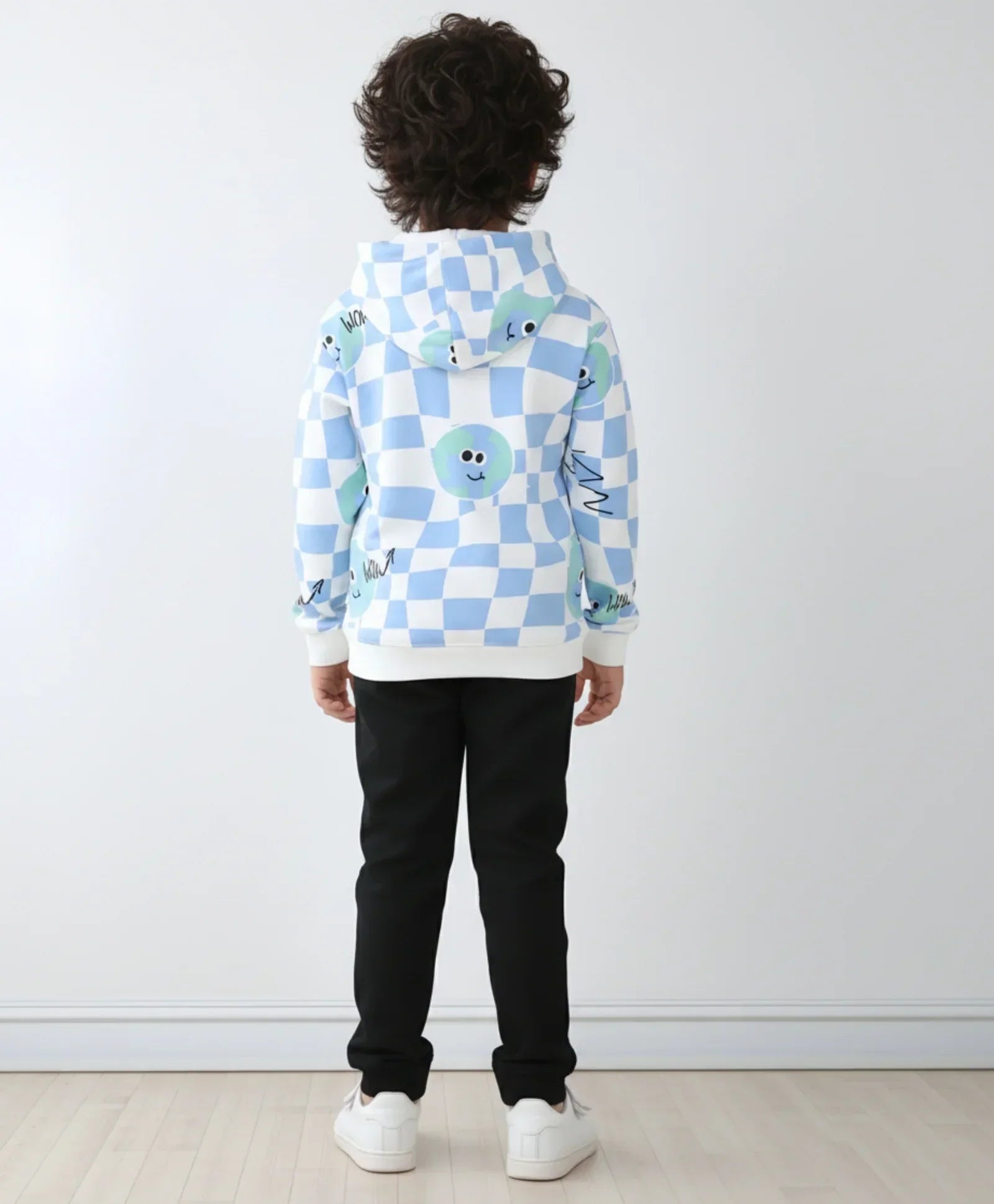 GLOBE CHECK FLEECE BOYS HOODIE BLACK JOGGER SET - OFF WHITE/BLACK