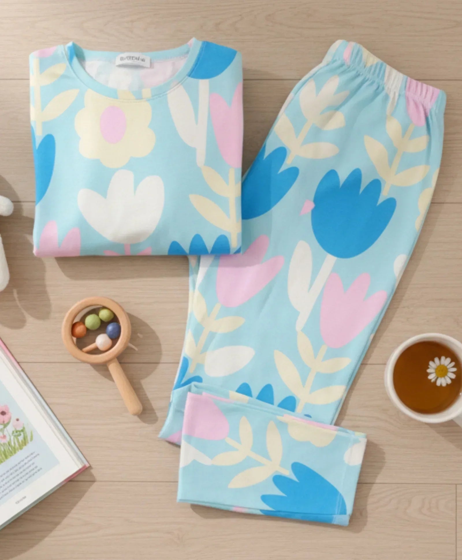 AQUA FLOWER GIRLS LONG SLEEVE PYJAMA SET - AQUA
