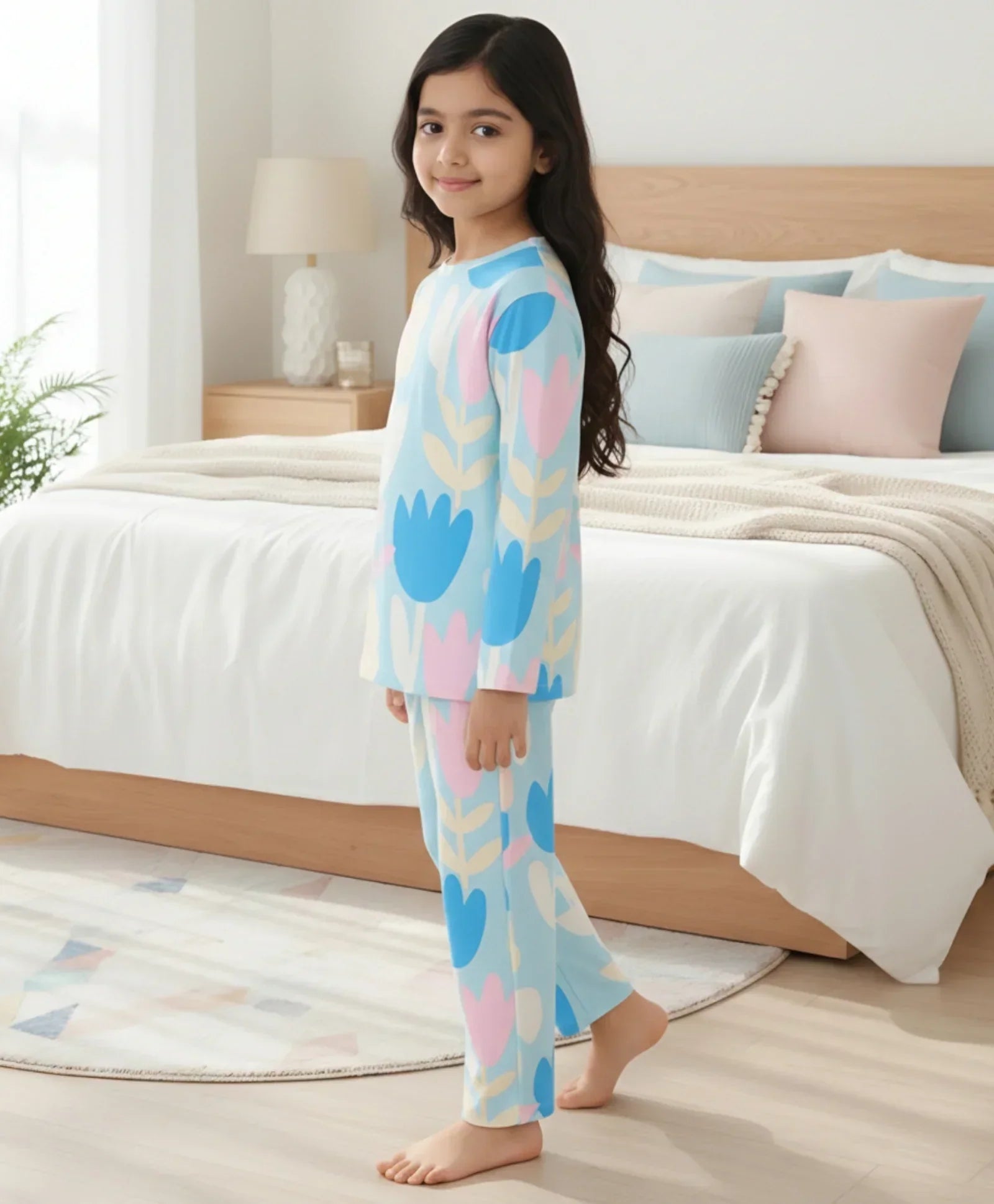 AQUA FLOWER GIRLS LONG SLEEVE PYJAMA SET - AQUA