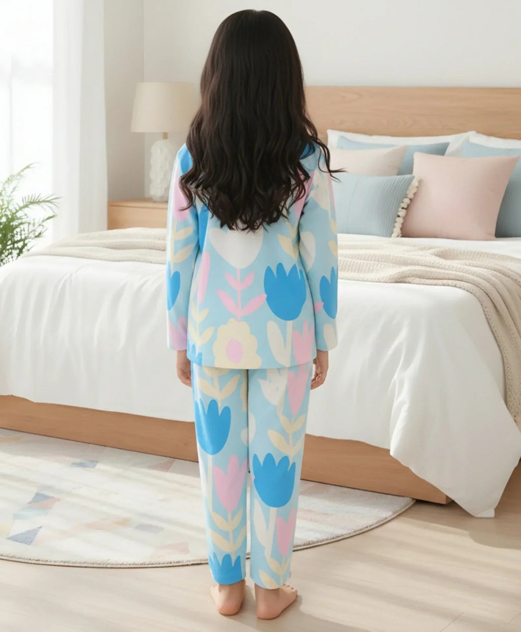AQUA FLOWER GIRLS LONG SLEEVE PYJAMA SET - AQUA