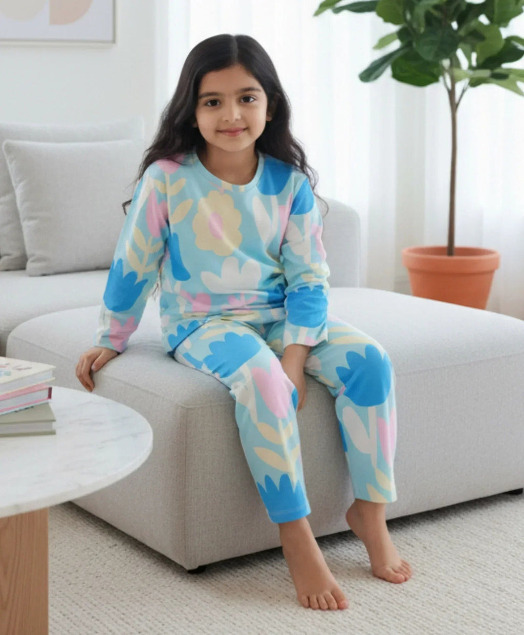 AQUA FLOWER GIRLS LONG SLEEVE PYJAMA SET - AQUA