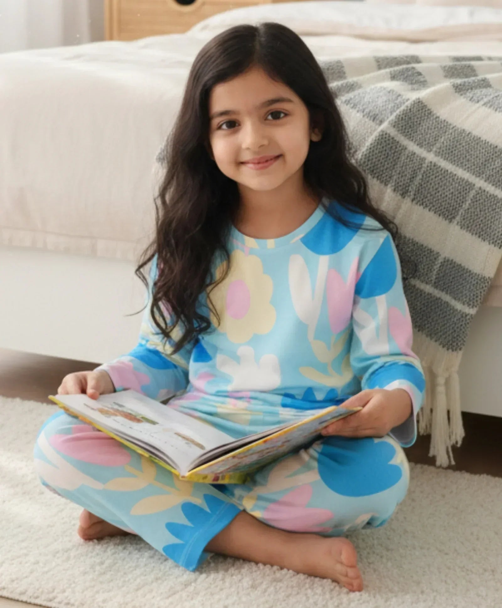 AQUA FLOWER GIRLS LONG SLEEVE PYJAMA SET - AQUA