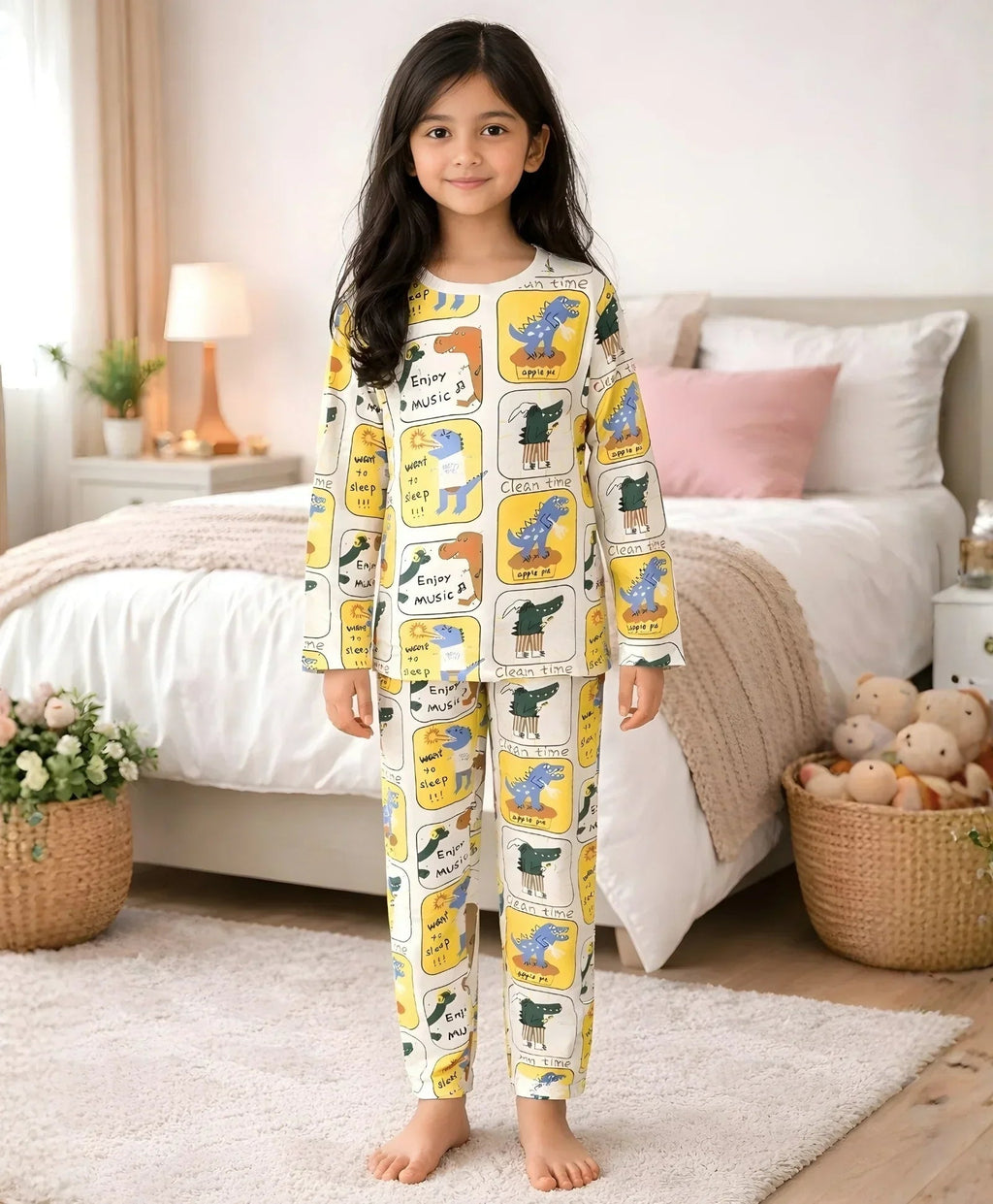 DINOSAUR STAMP GILRS LONG SLEEVE PYJAMA SET - WHITE