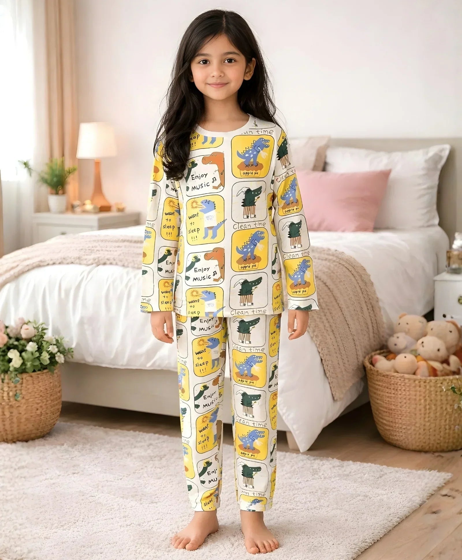 DINOSAUR STAMP GILRS LONG SLEEVE PYJAMA SET - WHITE