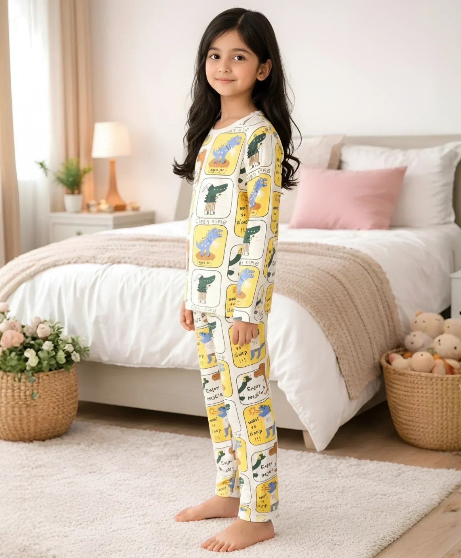 DINOSAUR STAMP GILRS LONG SLEEVE PYJAMA SET - WHITE