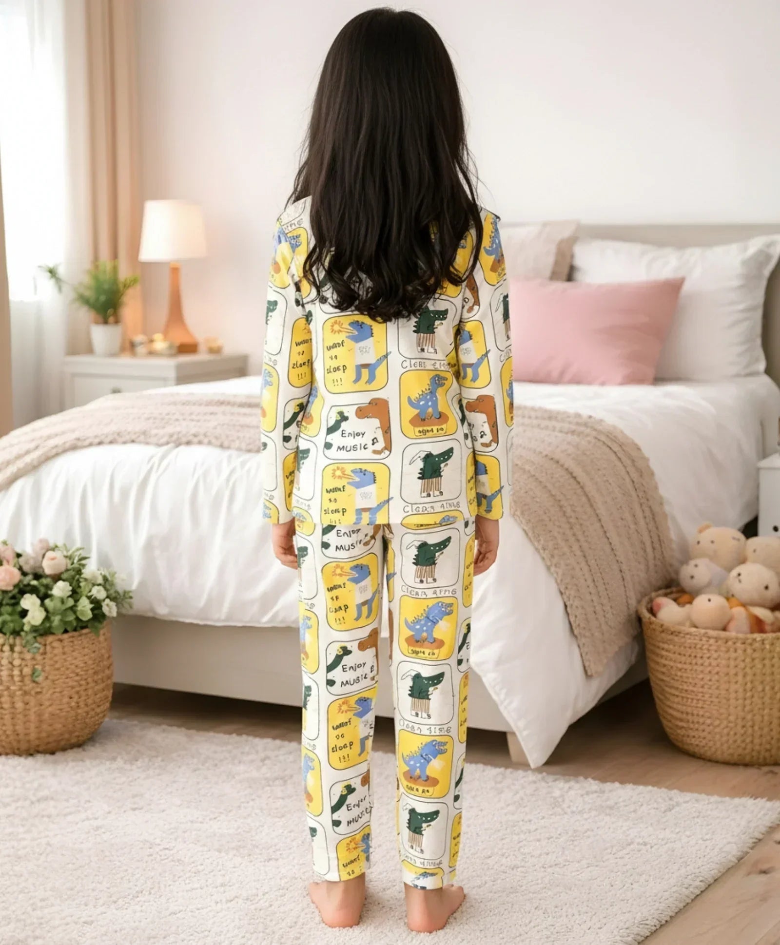 DINOSAUR STAMP GILRS LONG SLEEVE PYJAMA SET - WHITE